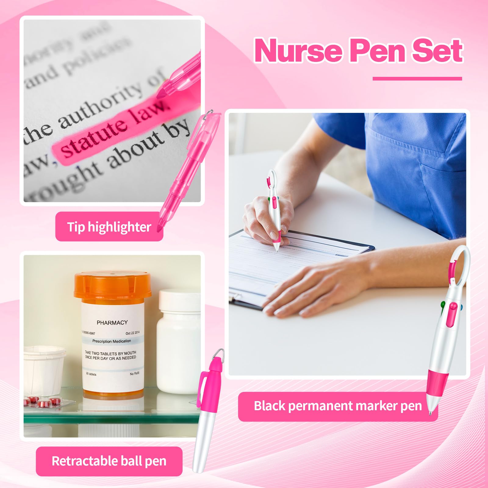 Spiareal 7-teiliges Krankenschwester-Stifte-Set für Abzeichen, inklusive Textmarker, Reihenfolge der Blutentnahmeperlen mit Referenzkarte, Marker, einziehbarem Kugelschreiber, Schlüsselanhänger-Clip,