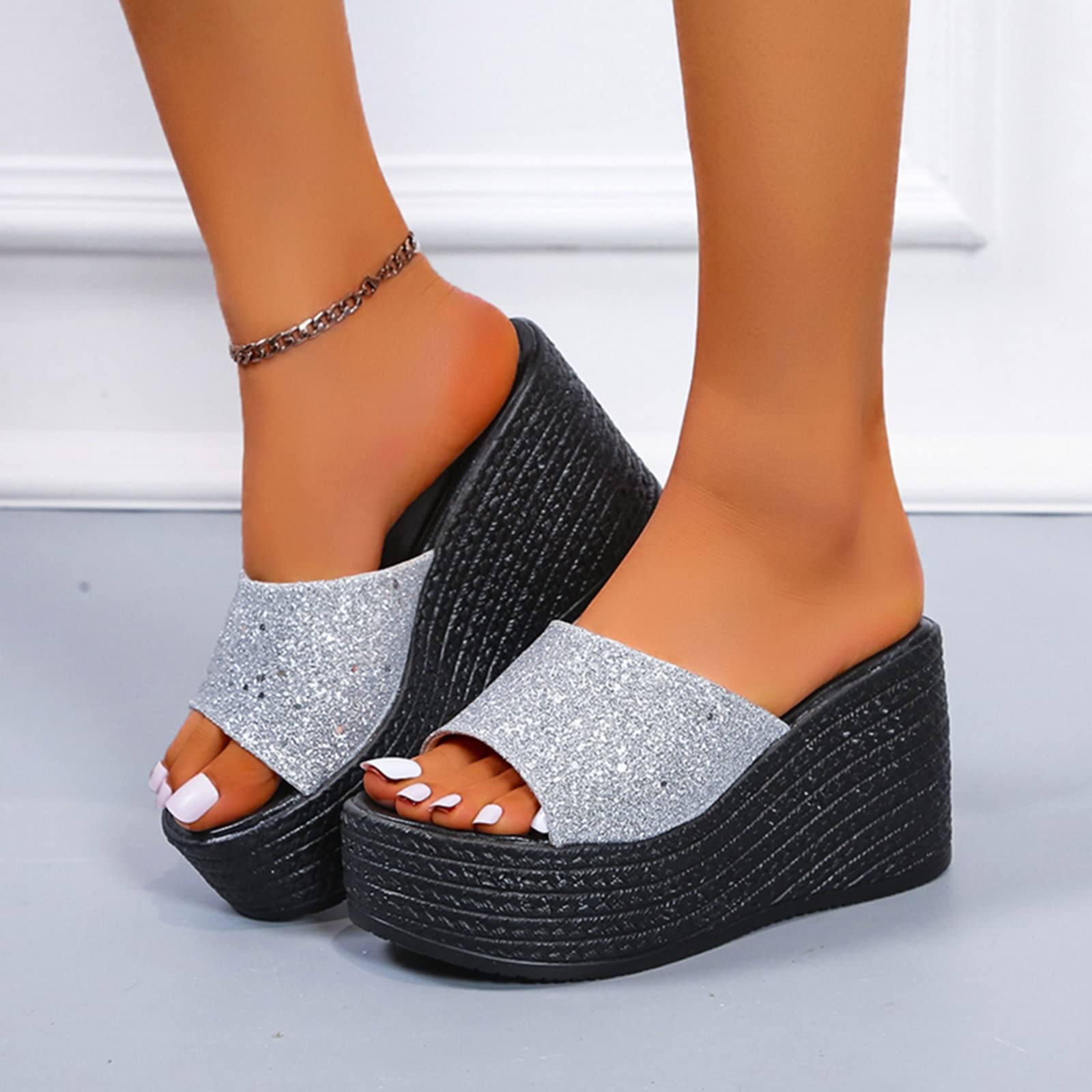 Pantuflas de casa para mujer, informales, con lentejuelas, con plataforma, boca de pez, a la moda, para mujer, Silver, 40 EU