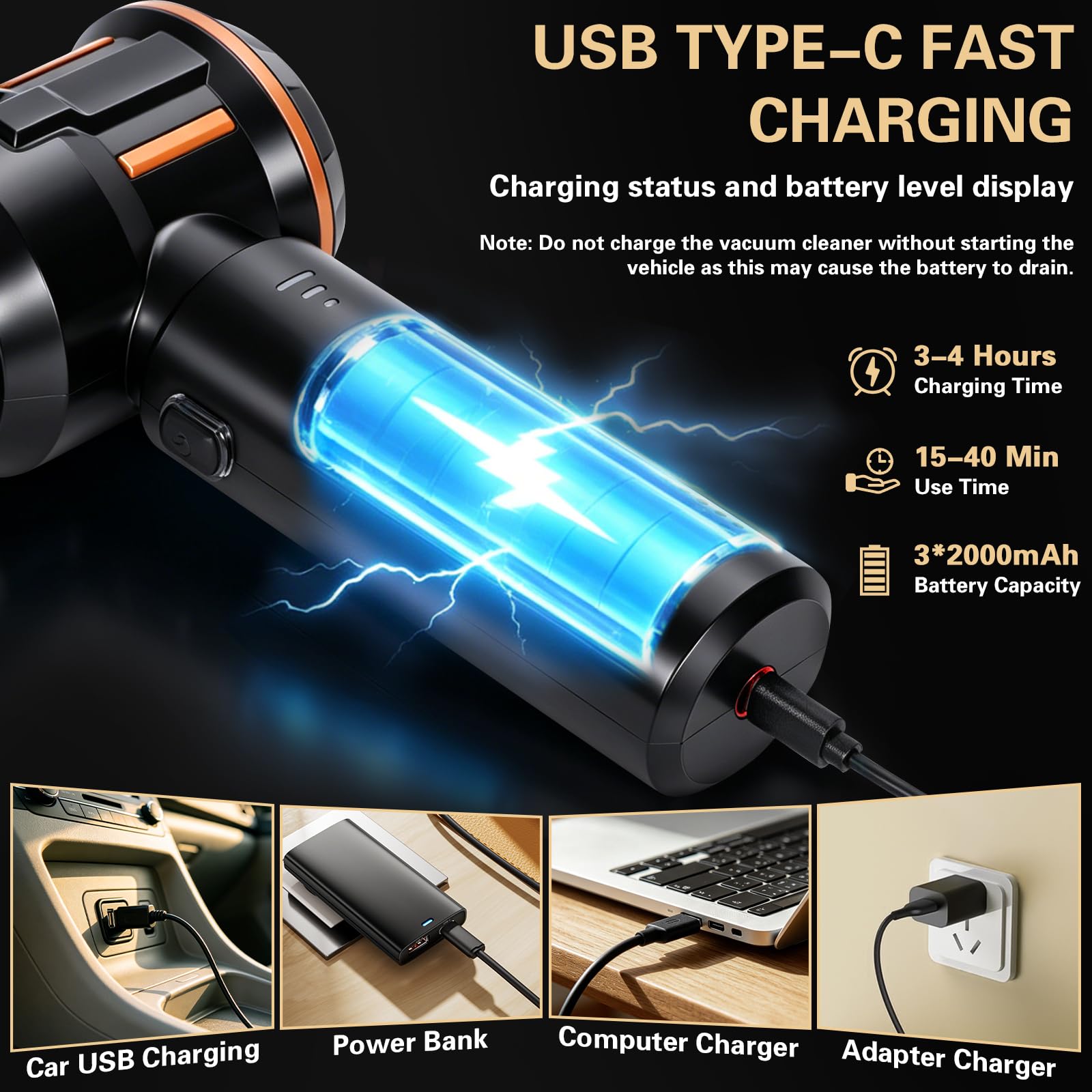 Aspirabriciole Senza Fili,26000Pa Aspirapolvere Auto,Mini Aspirapolvere Portatile,Potente Aspiratore e Soffiatore 4 in 1 con Motore Brushless per Auto,Casa,Ufficio,Peli di Animali Domestici