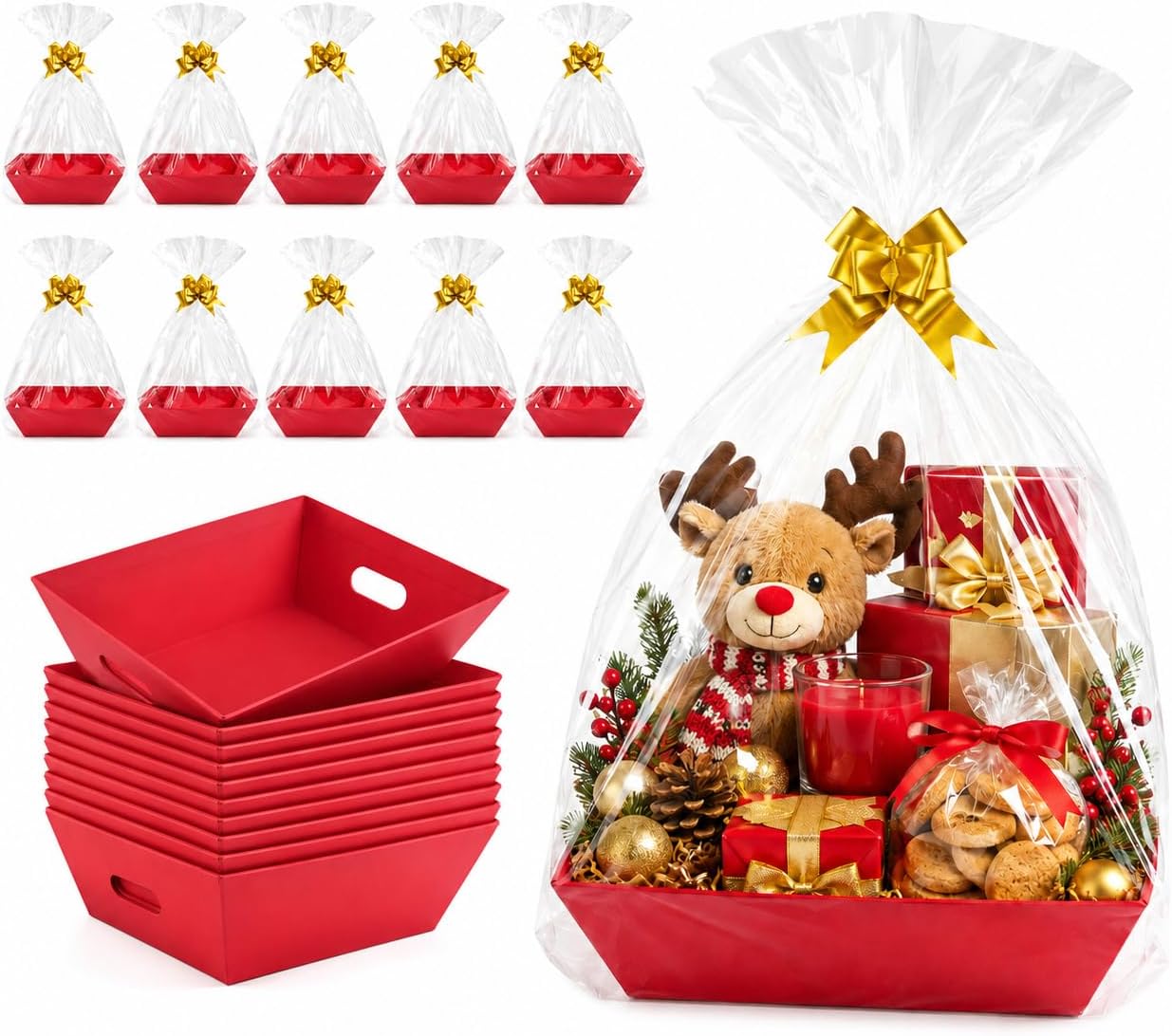 Pacote com 10 cestas de presente vazias Kraft com sacos e laços, (vermelho, 10 peças)