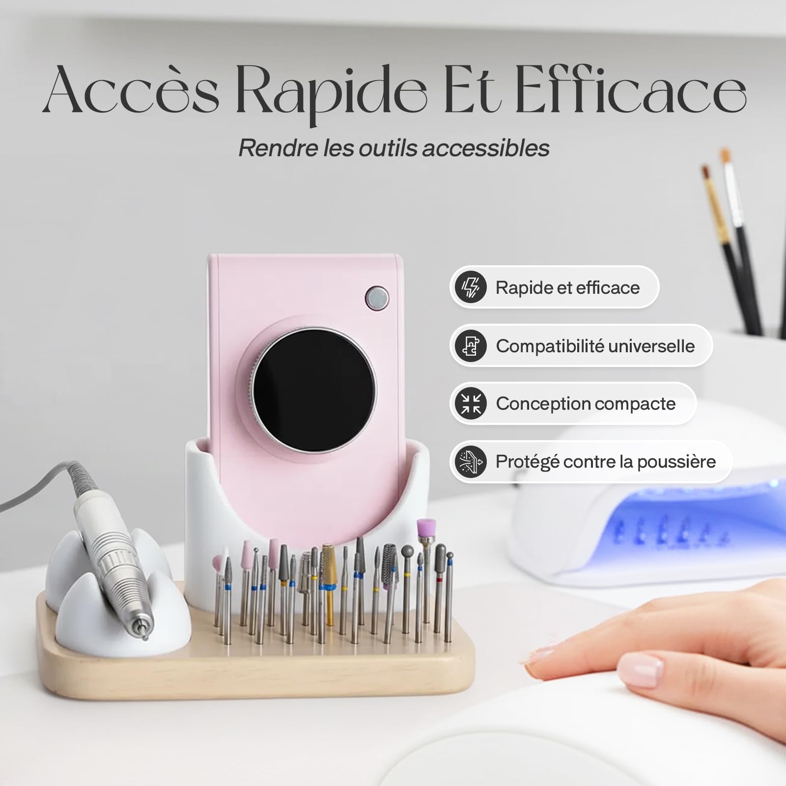 MagiDeal Support en Bois pour Ponceuse à Ongles, 3 en 1 boîte de Rangement pour Forets à Ongles, 24 Trous Porte-Embouts à Ongles Outils de Manucure, Base en Bois, Support Facile D'accès pour Manucure