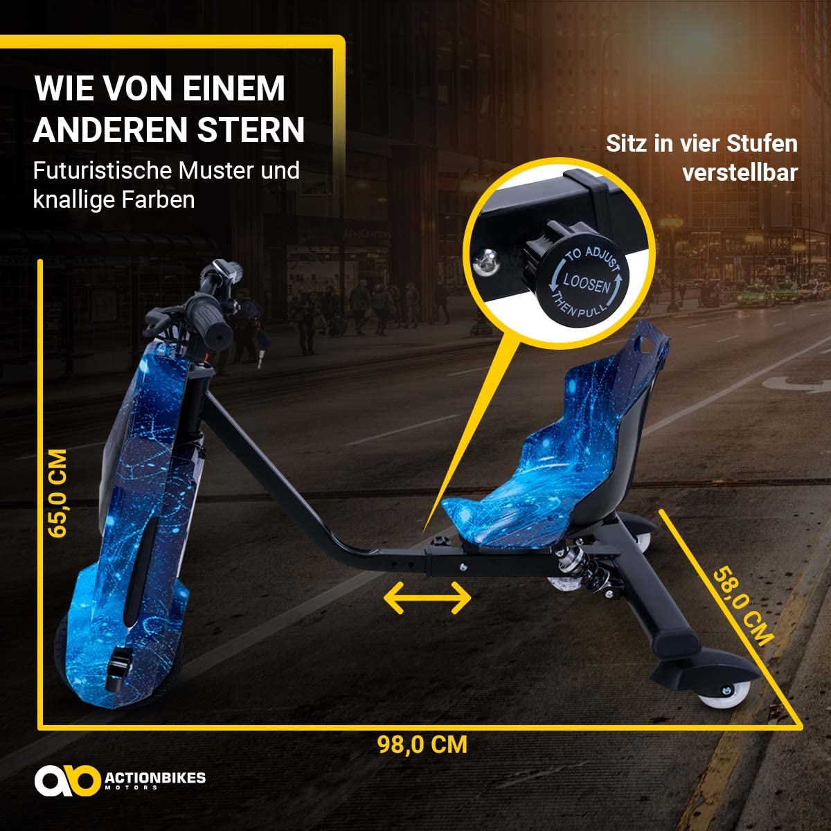 Actionbikes Motors Drift Scooter per Bambini 360 Gradi - Motore Elettrico da 250 Watt - 3 Livelli di Velocità - Illuminazione LED - Sedile Regolabile (Space Blue)