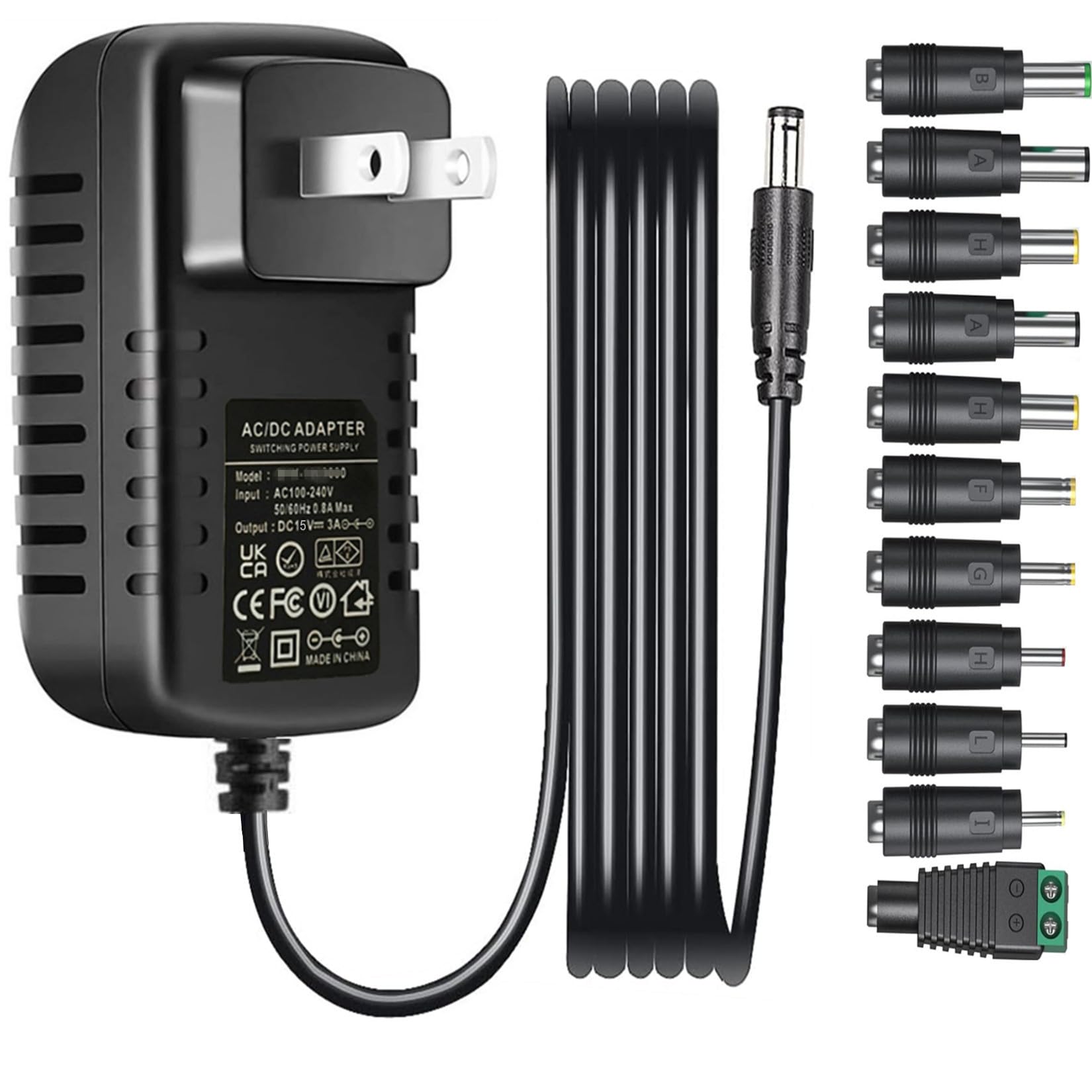 Fuente de alimentación universal de 15 V 3 A 2 A con 11 puntas de enchufe CC intercambiables CA a CC 15 voltios 2.5 A 2 A 1.5 A 1 A cable adaptador de corriente de conmutación adaptador de CA