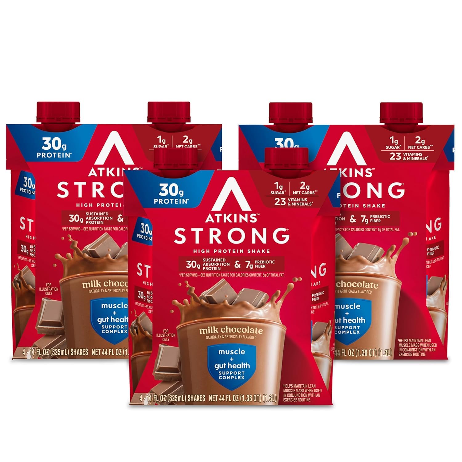 Atkins Strong High Protein Shake, Milk Chocolate, 30g Protein, 7g Prebiotic Fiber, Muscle & Gut Health Support Complex, 12 Count