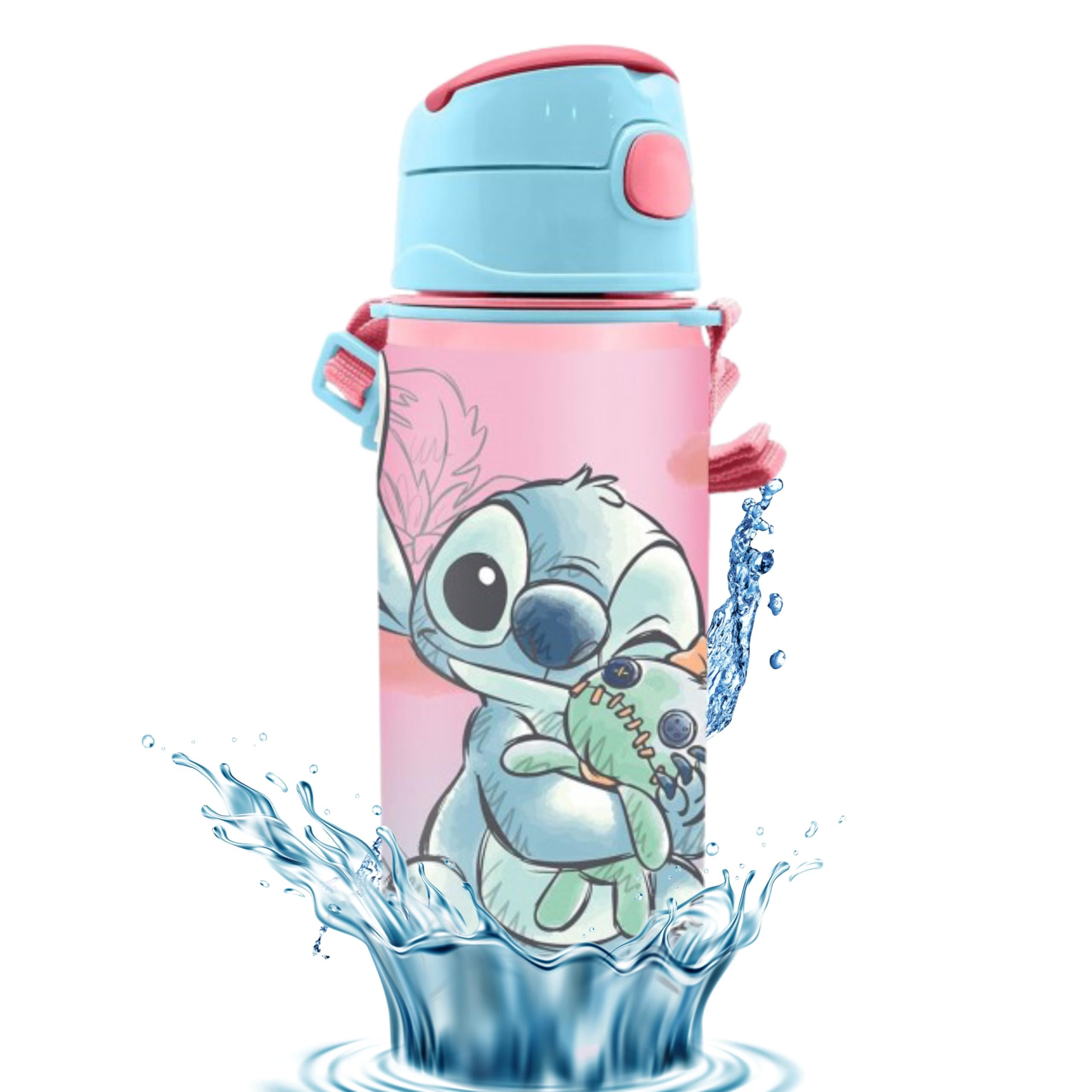Srv Hub Girls Stitch 600Ml Disney Kids Water Bottle With Straw – Aluminium Leak Proof Drinking Bottle With Carry Strap, Bpa Free Metal Water Bottle For & Boys, Back To School & Gift For Kids