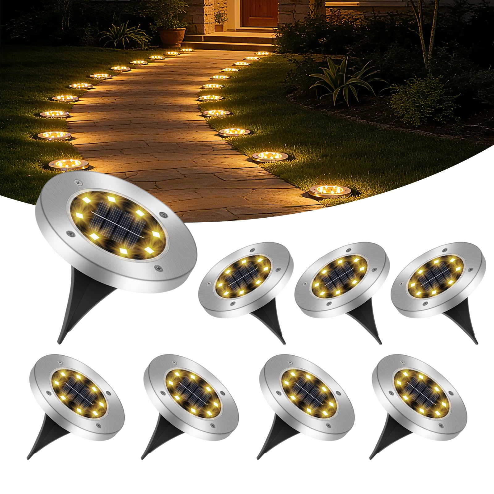 Caldarax 8 Stück Solar Bodenleuchten Aussen für Garten, 8 LEDs Solar Gartenleuchte IP65 Wasserdicht, LED Boden Solarleuchten Edelstahl für Garten Rasen Patio Gehweg Auffahrt(Warmweiß)