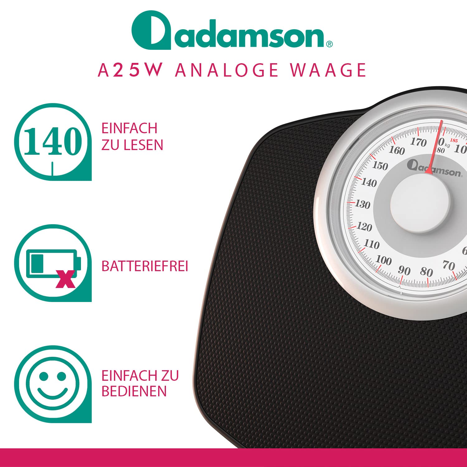 Adamson A25W Analogwaage - NEU - bis 180kg, rutschfeste Gummioberfläche, extra große Ziffern, hochpräzise Personenwaage Analog, langlebig, 20-Jahre Support für Haushalt, Schlafzimmer, Bad