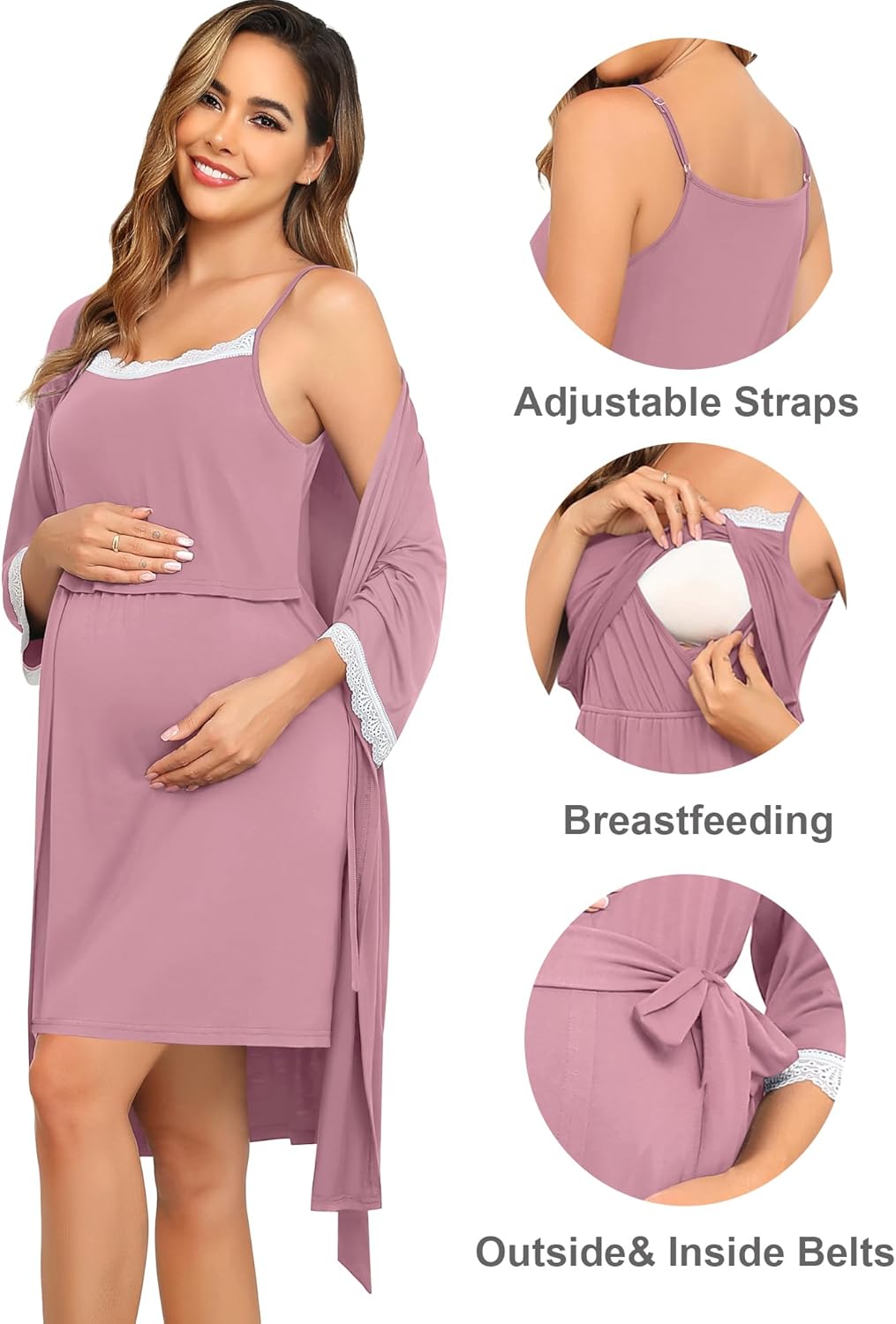 SWOMOG Lace Maternity Nursing Gown and Robe Set Double Layer Labor Delivery Nursing Hospital Nightgowns for Breastfeeding - Image 5