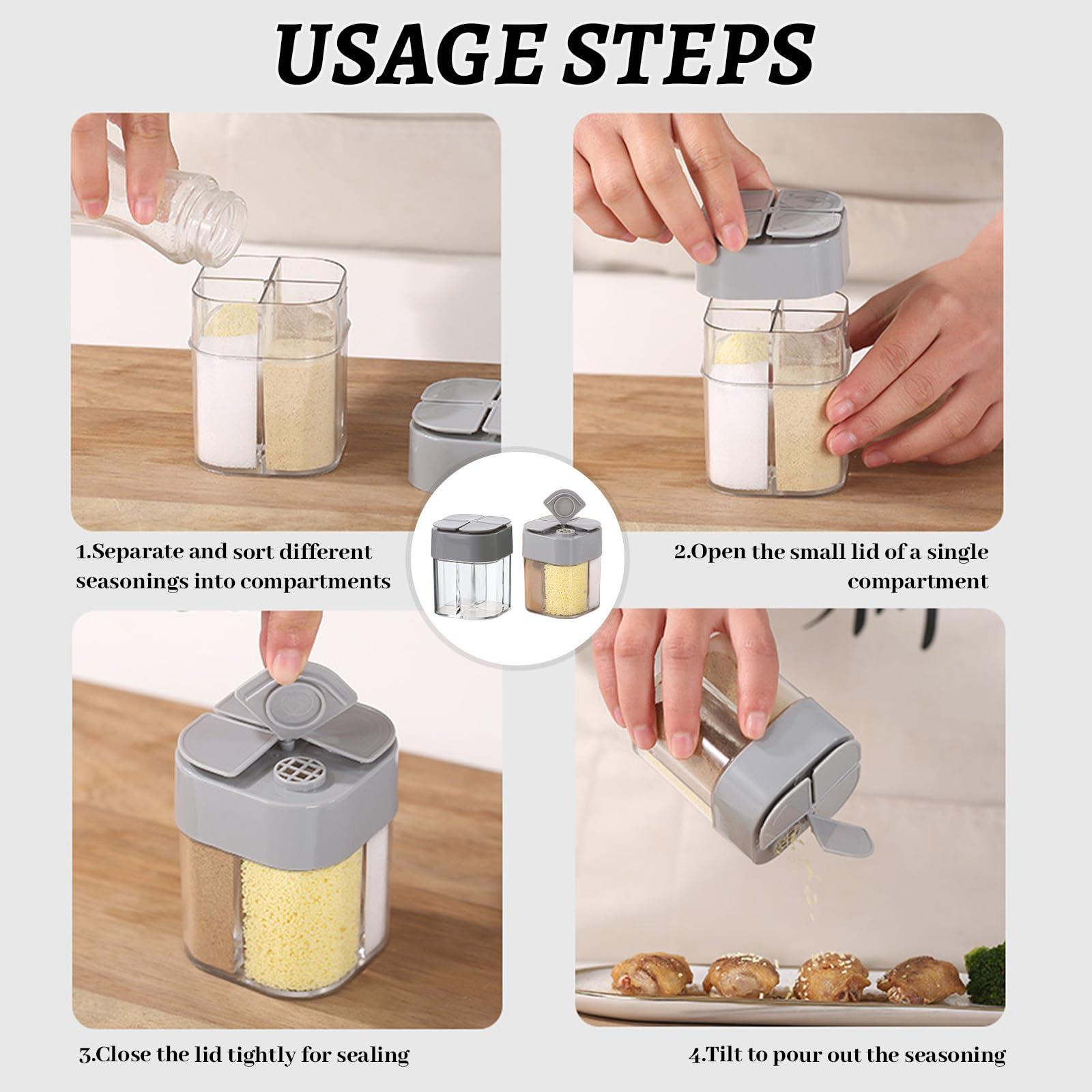 2 Stück Gewürz Dispenser, 4 in 1 Gewürzstreuer Camping, Reisegewürzdose aus Kunststoff, Gewürzdosen mit Fächern, Tragbare Cruet Flasche für Picknick, Lunchboxen, Küche (Grau)