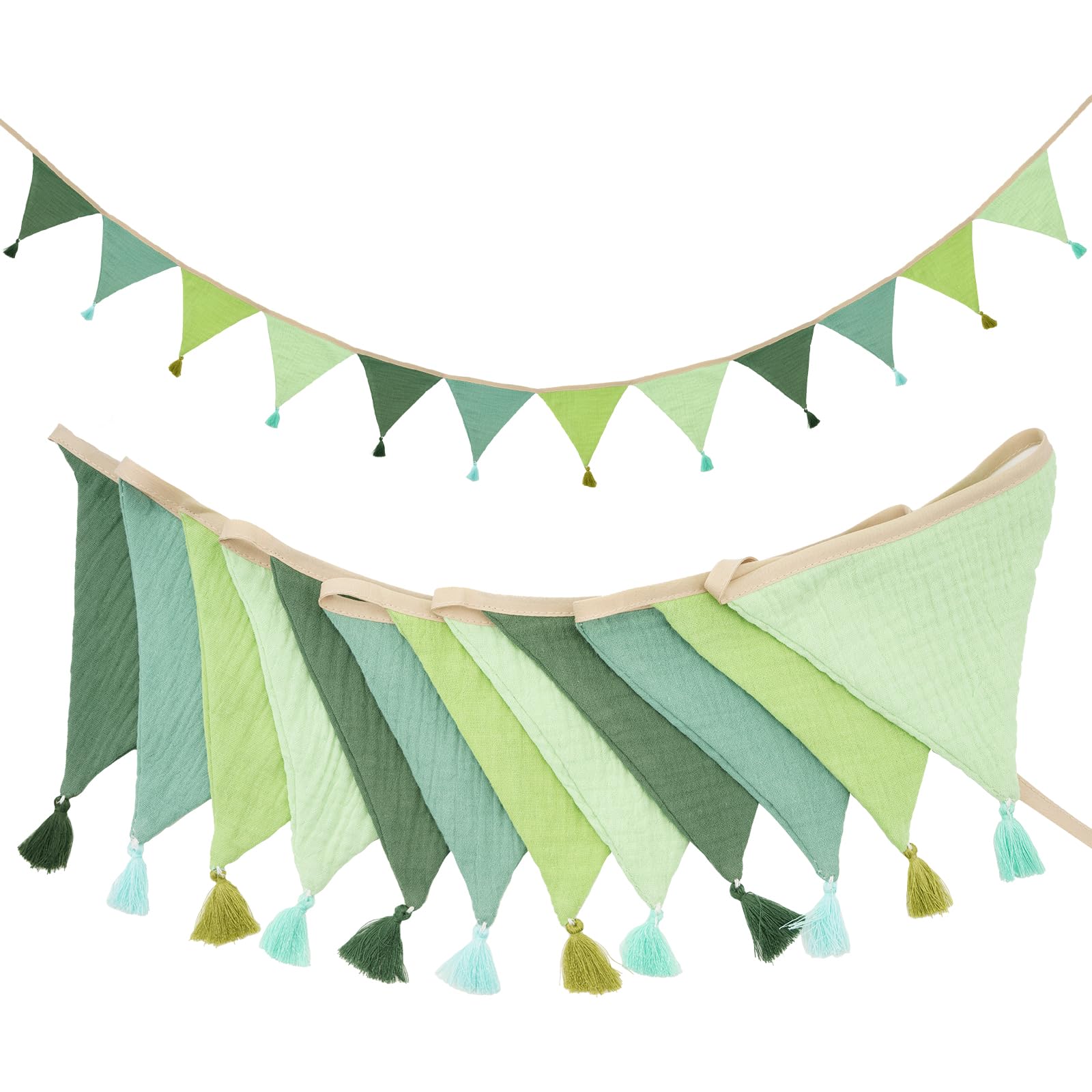 Banderines de tela de algodón G2PLUS de 2,7 m, banderines triangulares verdes, 12 unidades, guirnalda de banderines de doble cara con borlas para cumpleaños, guarderías, baby showers y aulas. Decoración colgante.