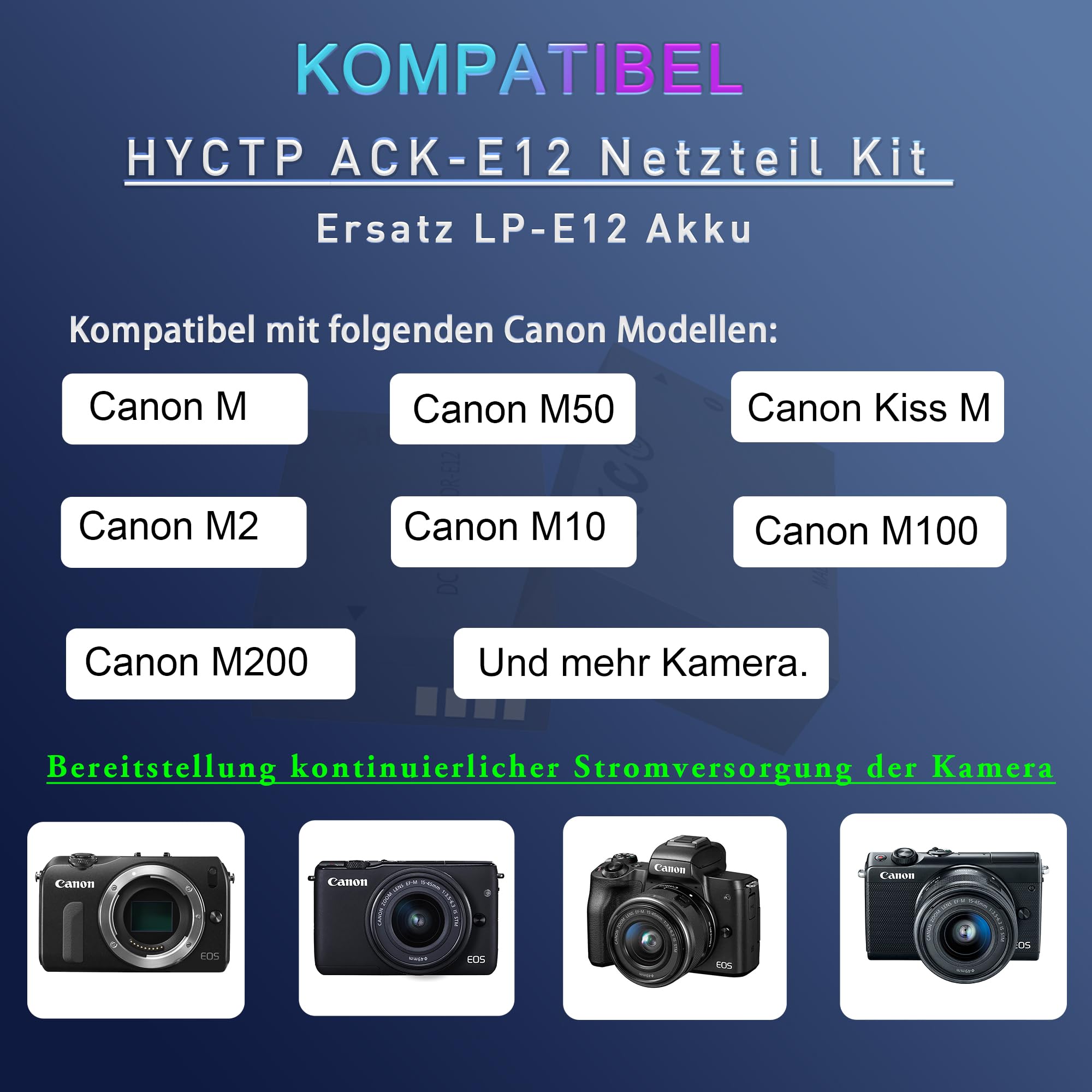 AC/DC ACK-E12 zestaw adapterów, DR-E12 Dummy akumulator zastępczy, pasuje do M50 Mark II, EOS M200, EOS M10, M2 akcesoria do aparatu