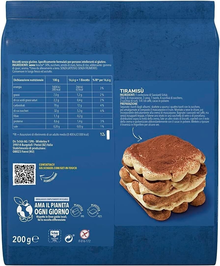 Paquete de 10 galletas sin gluten Savoiardi de 200 g Italian Gourmet Polpa 400gr