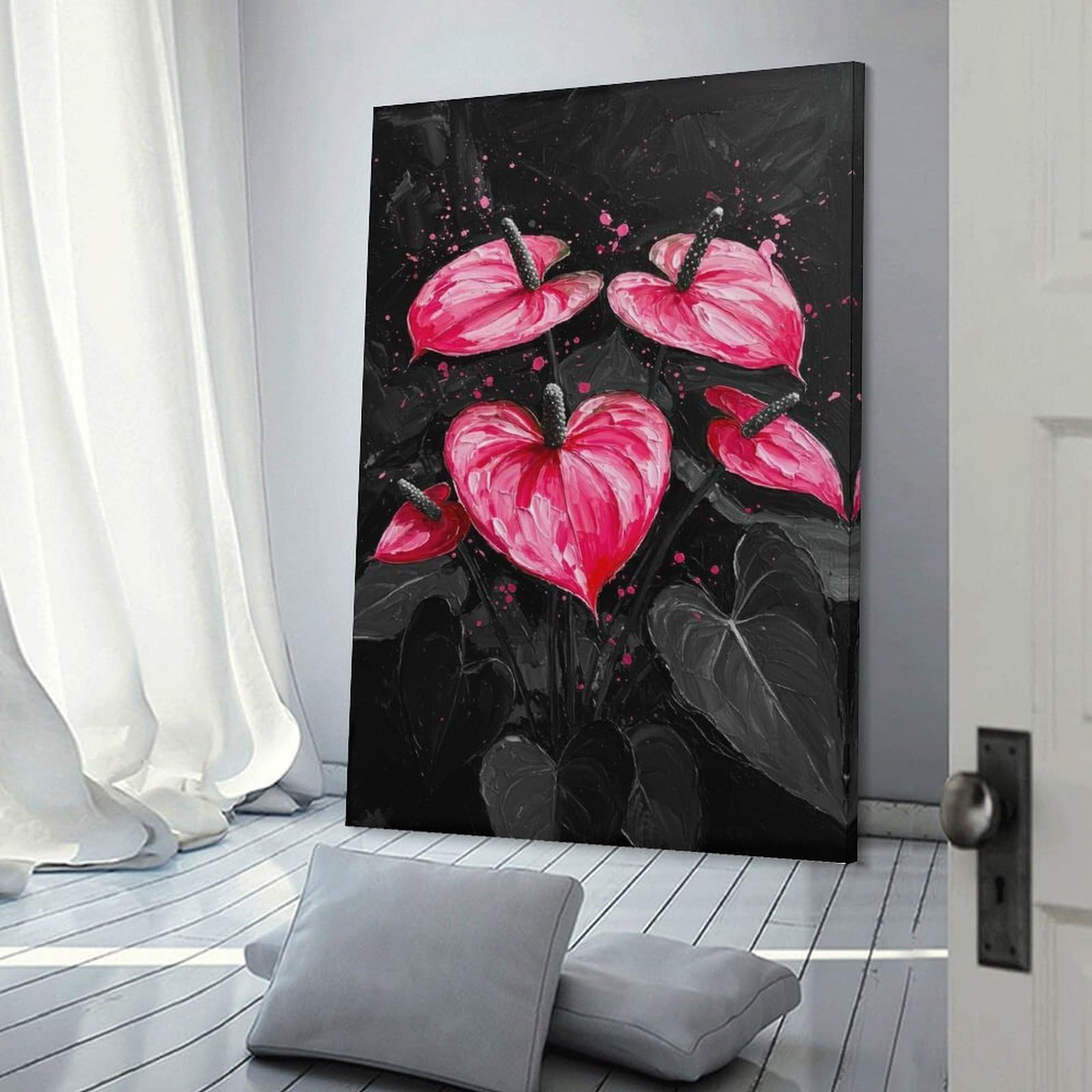 Junmoney Frame-Style-18 Wall Picture Print Anthurium Flowers Painting, 24X36inch(60X90cm), For Entrance Walls, Hall Decor Or Foyers, Home Artwork For First Impressions