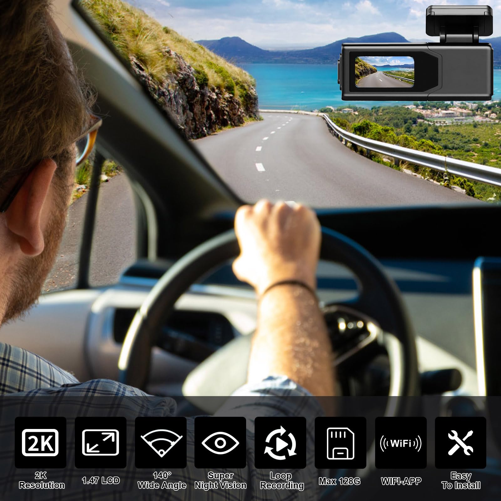 Dash Cam Front 2K 1440P WiFi Dashcam with 32G SD Card,2K Front Dash Camera for Cars,1.47 inch IPS Screen,Smart App Control,WDR,Super Night Vision,Loop Recording,Support 128GB Max