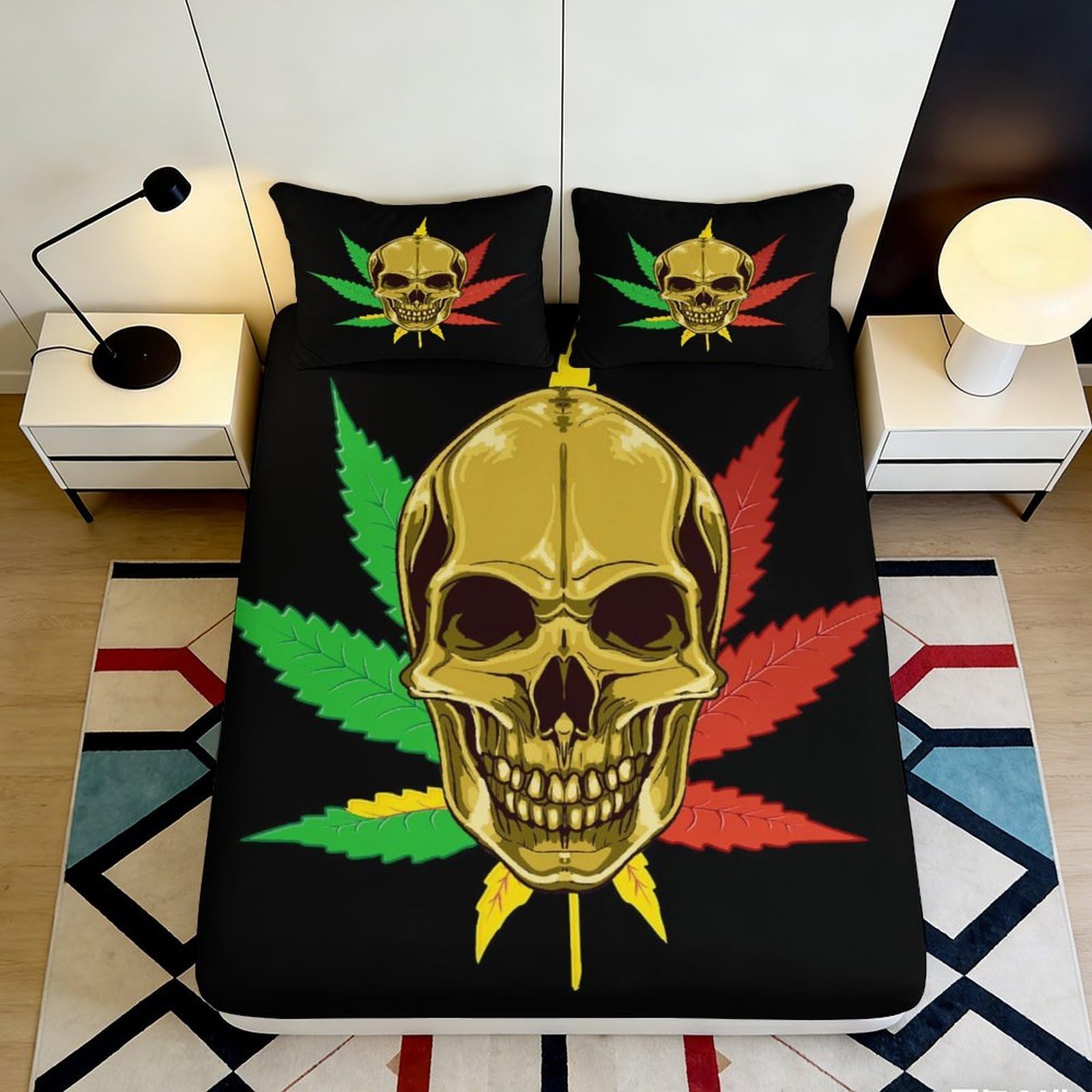 3D Printed Skull Cannabis Leaf Fitted Sheet Microfiber Soft Decor Bed Cover for Bedroom Guest Room Dorm 90x200x25cm