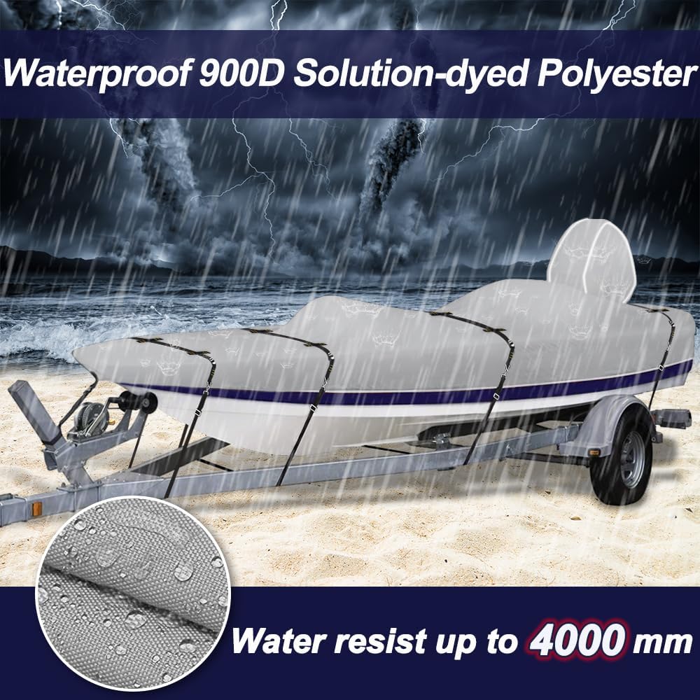 900D Bass Boat Cover - Trailerable Bass Tracker Boat Cover, Waterproof Bass Tracker Cover with Motor Cover Fits Bass Boat, V-Hull Tri-Hull Boat, 16-18.5' Long (Beam Width up to 98"), Grey