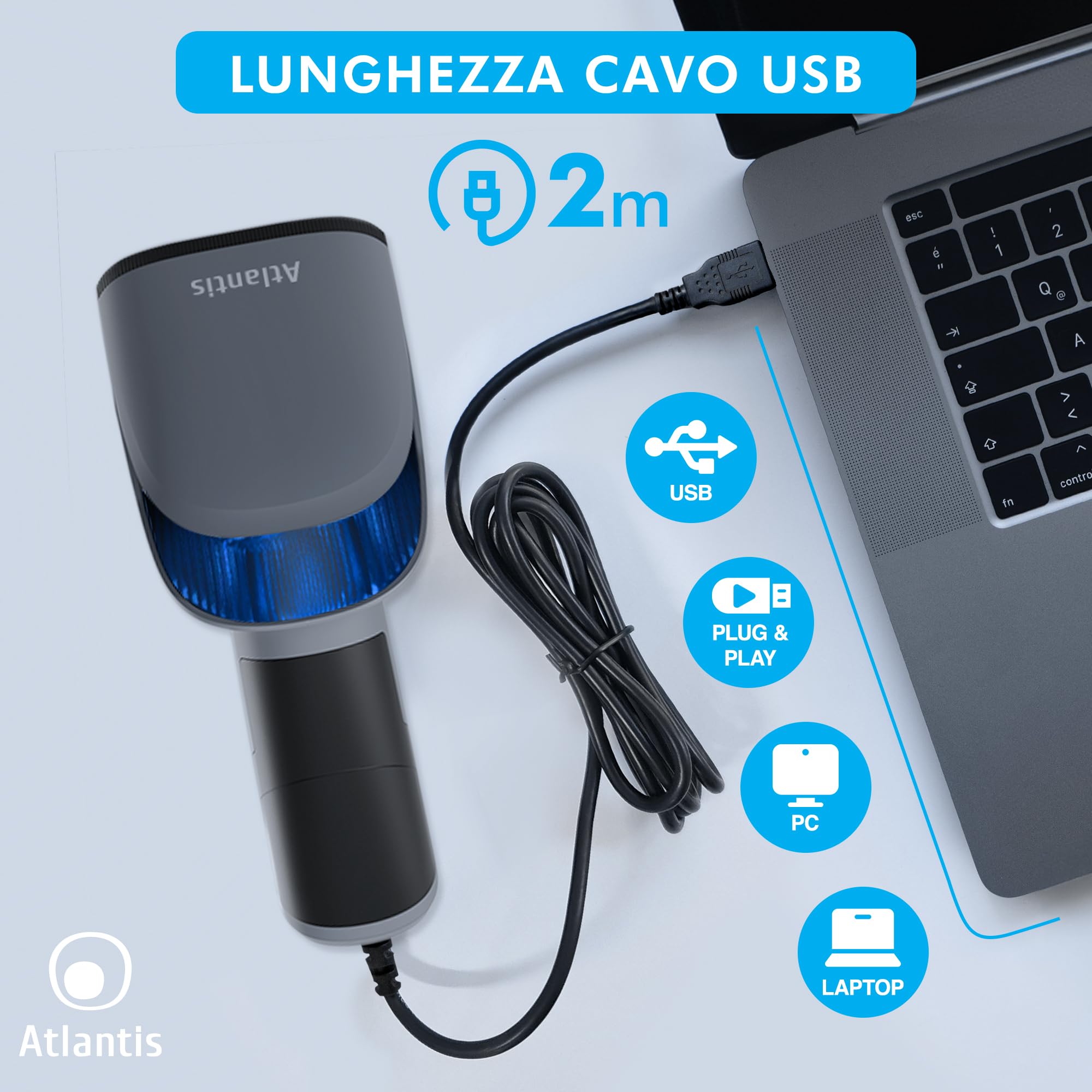Atlantis A08-LD230P-2D Lettore Codici a Barre Barcode reader scanner 1D e 2D Ottico Prof (640x480), 60 fps, legge da smartphone e display, codice farmaceutico, collegamento USB, guida rapida