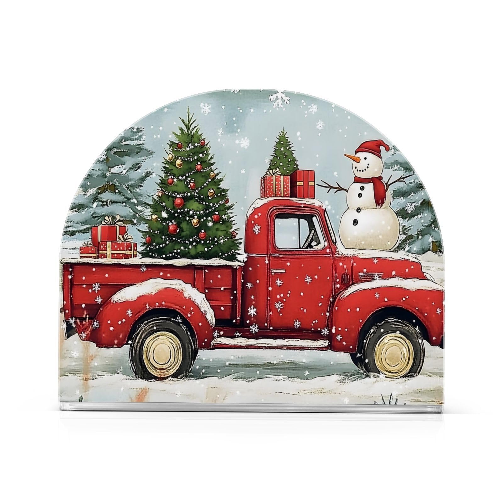 Christmas Napkin Holder for Tables Red Truck Car Christmas Trees Snowmen Standing Napkin Holder Christmas Acrylic Plate Paper Winter Holidays Napkin
