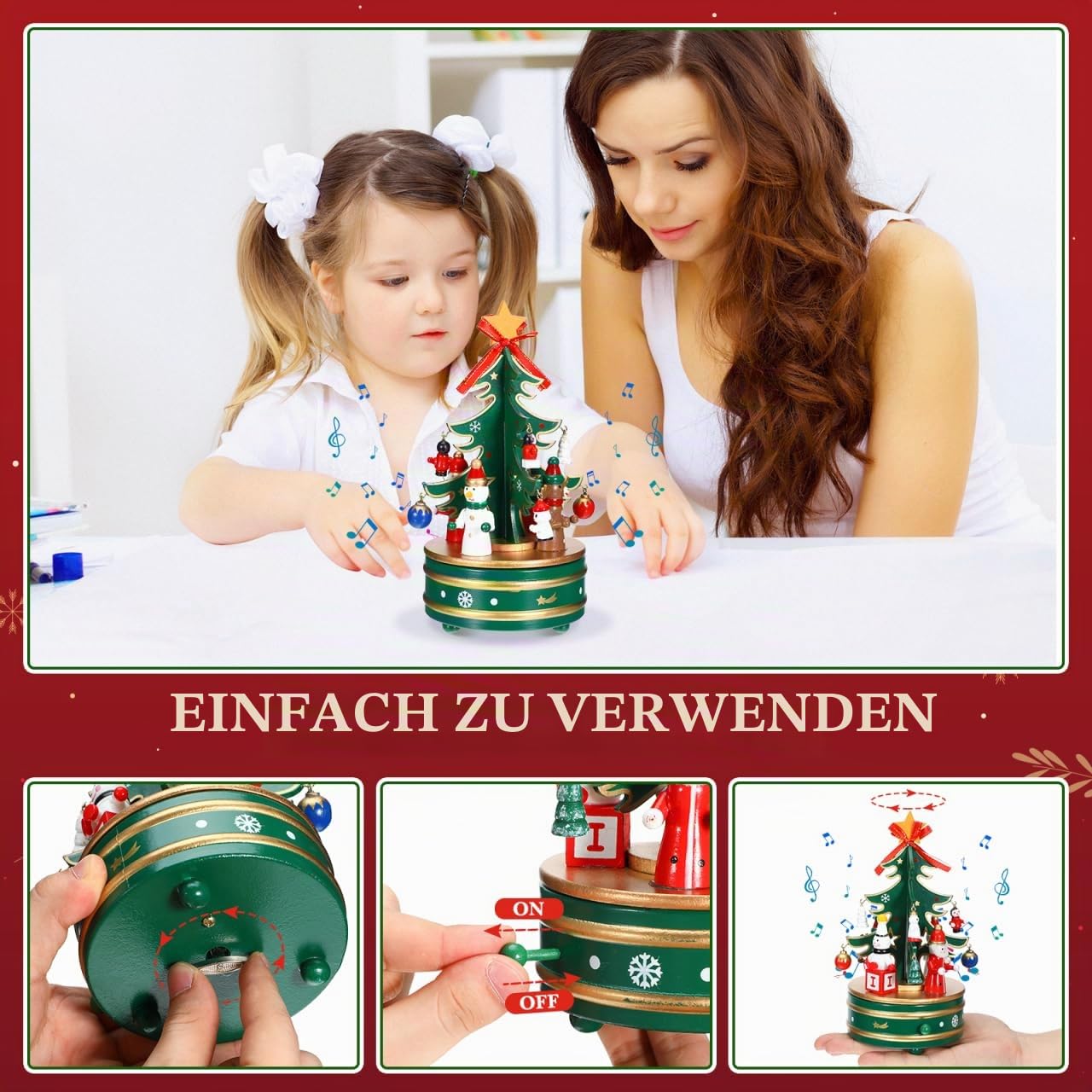 Cabilock Holz Weihnachts Spieluhr, 6 Zoll Weihnachtsbaum-Spieluhr Vintage Rotierende Weihnachts Für Kinder, Handgefertigtes Retro Rotations-Uhrwerk Für Kinder, Freunde Familie