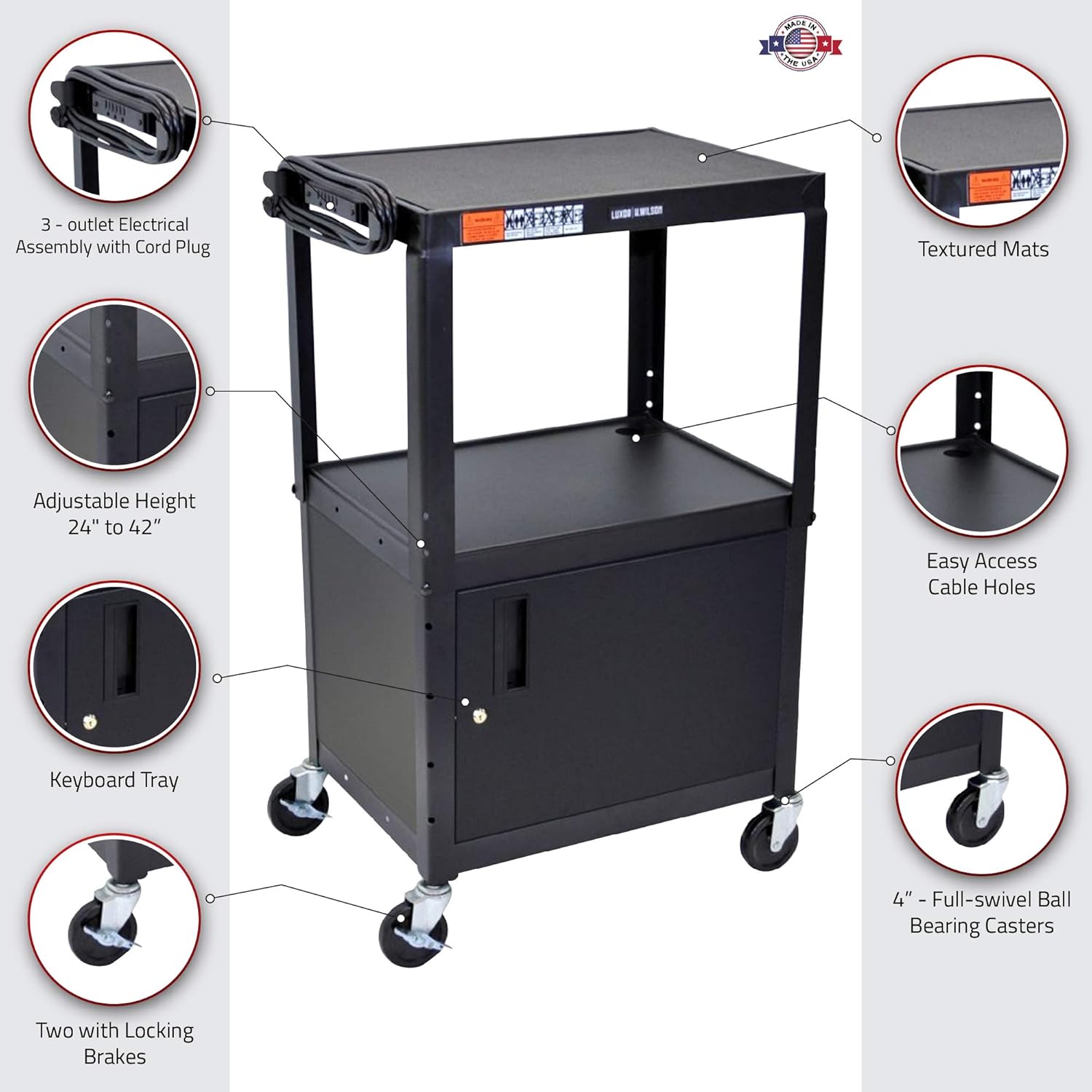 Adjustable Black Steel AV Utility Cart with Locking Cabinet