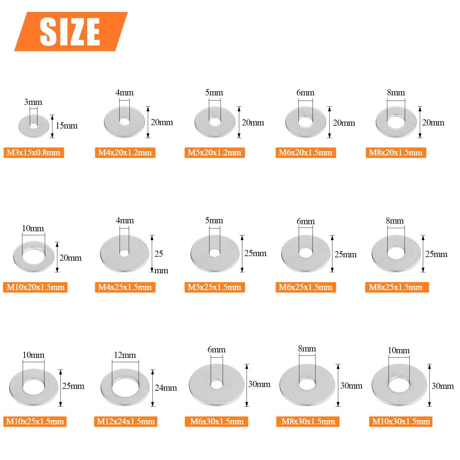 HELIFOUNER 240 Pieces 15 Sizes 304 Stainless Steel Large Fender Washer Assortment Kit (M3 M4 M5 M6 M8 M10 M12)