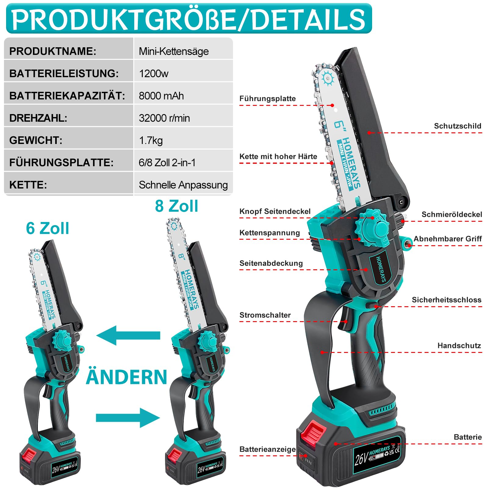 Mini Kettensäge mit Akku 8000mAh, 8-Zoll & 6-Zoll Mini Kettensäge Elektro mit Automatischer Öler und 2 * 4000mAh Bürstenlose Handkettensäge Akku für Gartenscheren Astschere Holzschneidenz