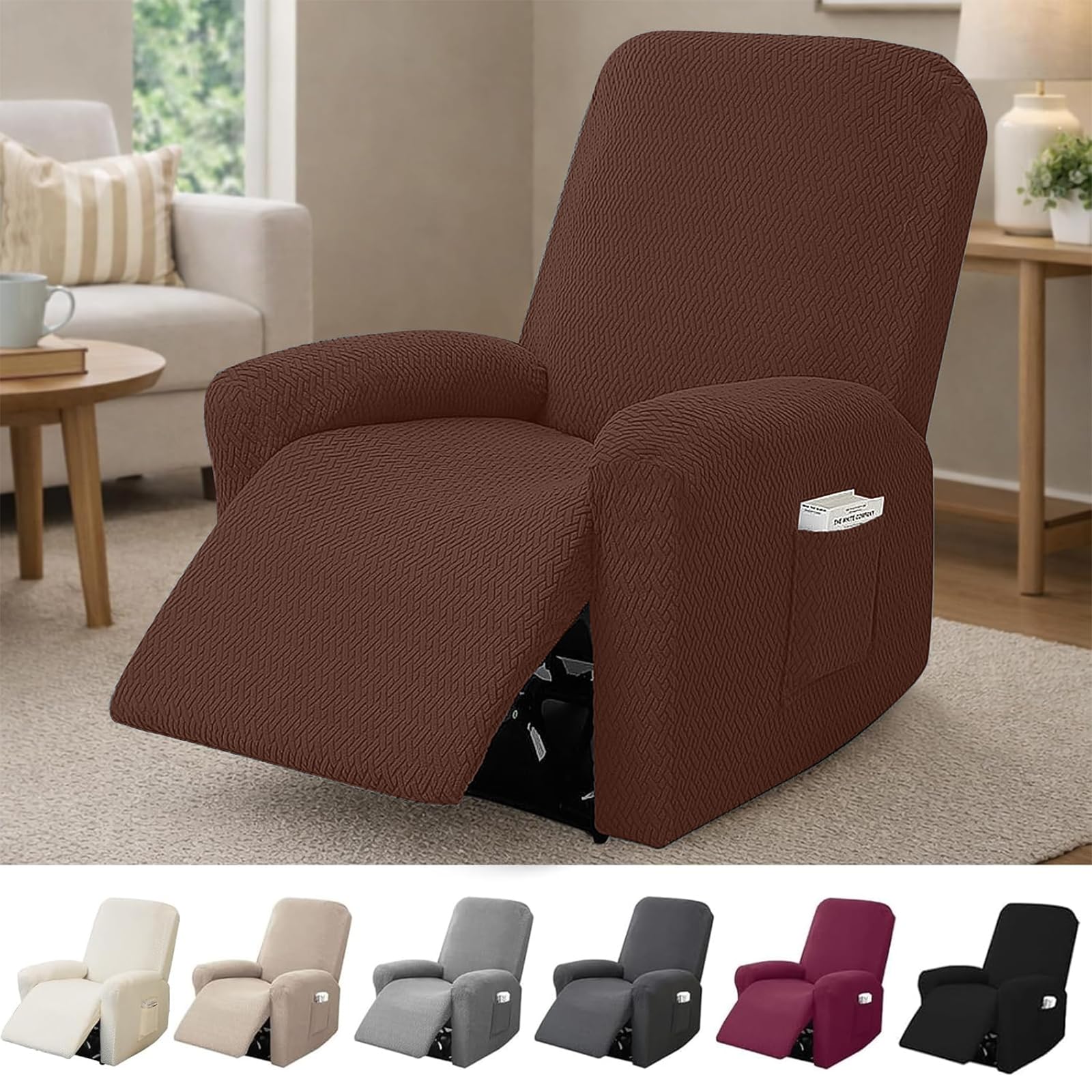 Hengrongshen 1-Seater Recliner Chair Cover, Stretch Chair Covers for Armchairs with Pockets, All-Inclusive Non-Slip Armchair Covers, Sofa Slipcovers Protector (Dark Brown)