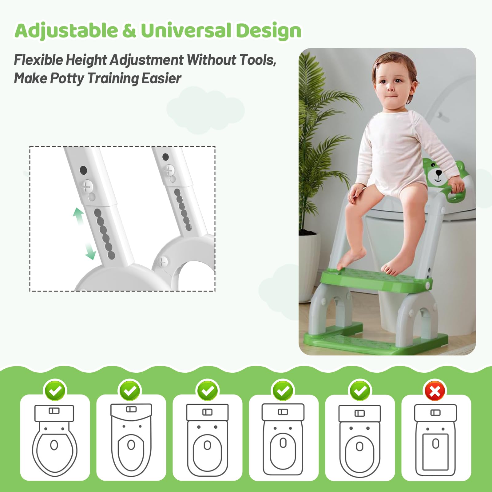 Réducteur Toilette Enfant 2-en-1, Rehausseur WC Pliable Réglable avec Escalier Antidérapant, Coussin PU Confortable, Adapté aux Toilettes V/O/U, Apprentissage Propreté pour Enfants 1-6 Ans (Vert)