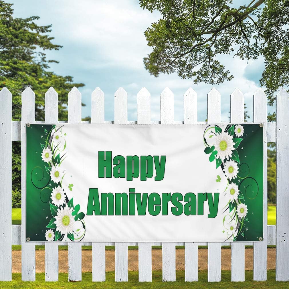 Vinyl Banner Multiple Sizes Happy Anniversary (Daisy) Lifestyle Outdoor Weatherproof Industrial Yard Signs Green 4 Grommets 16x40Inches