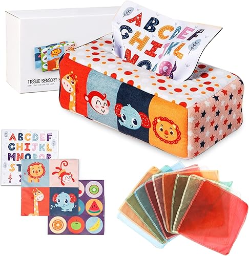 Adpartner Juguete de caja de pañuelos para bebé, juguetes sensoriales Montessori para bebés de 6 a 12 meses, juguete educativo suave con tarjetas