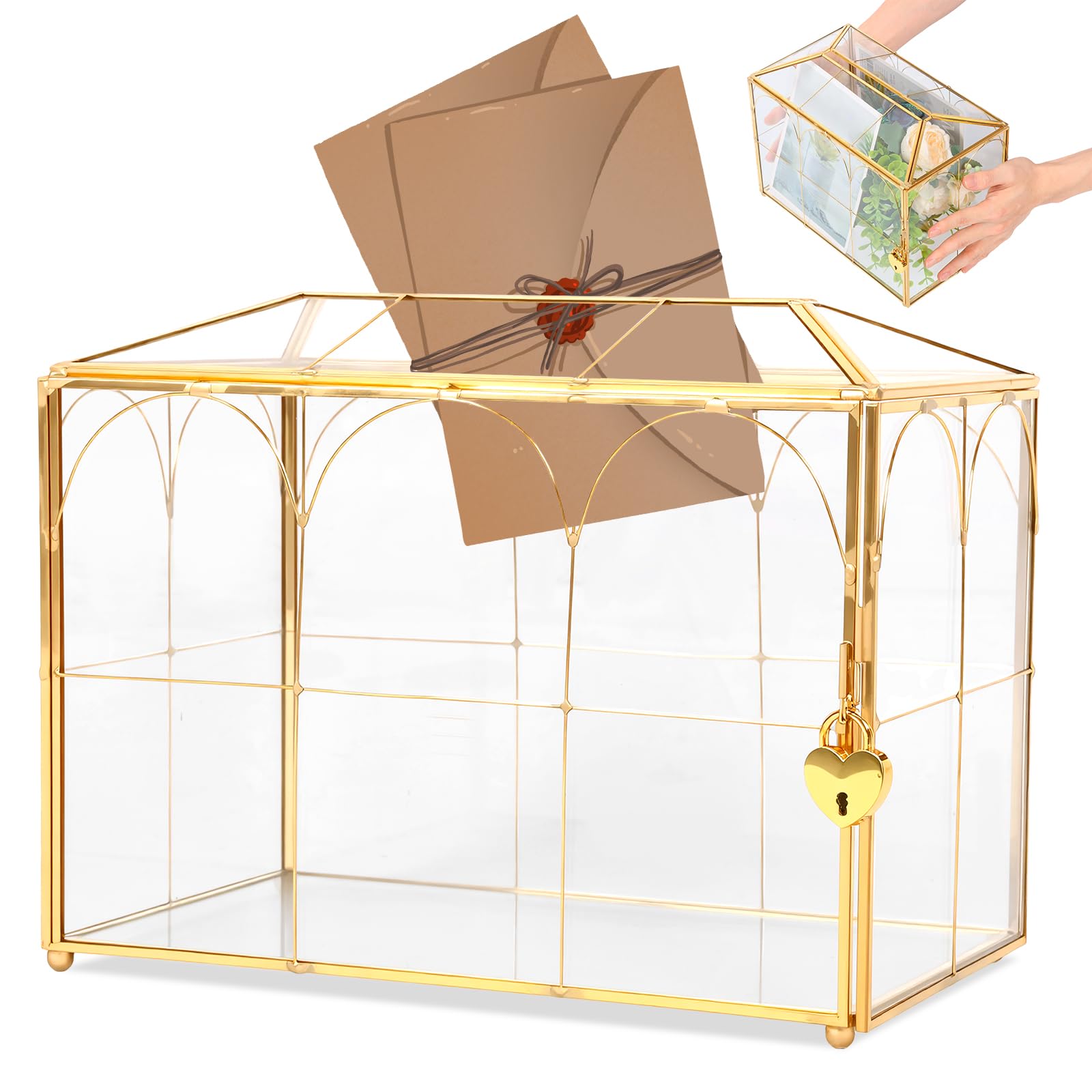 Kartenbox Hochzeit Glas Gold mit Herzschloss Schlüssel Deko | Große Transparente Glasbox für Geldgeschenke Briefe Geburtstag Feiern Postbox Vintage Messing Behaelter 26x15x21 cm Schatulle