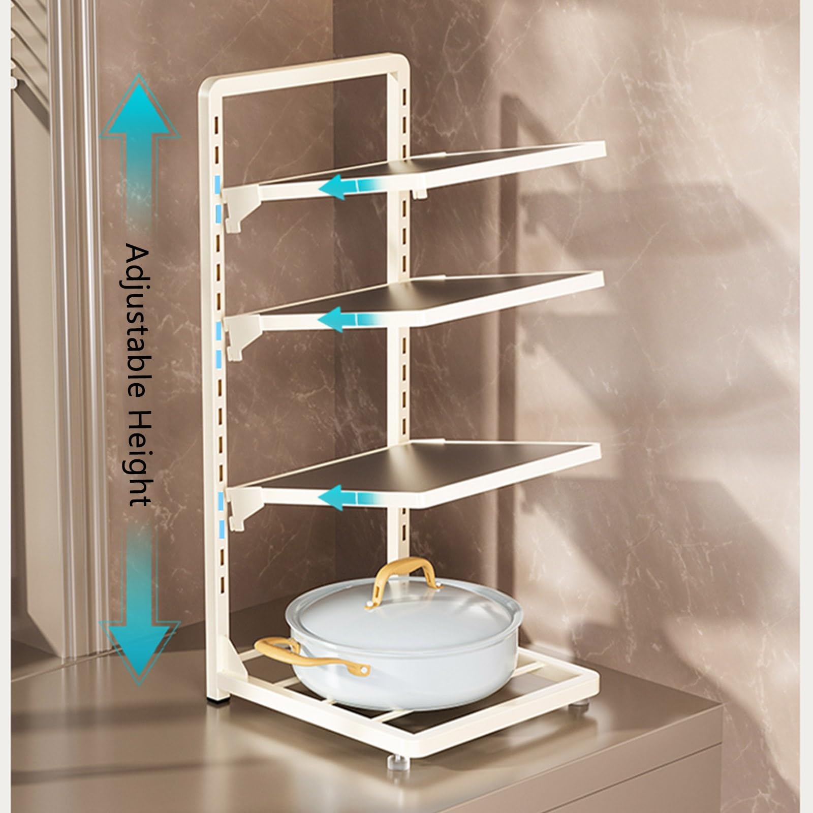 Topf- und Pfannen-Organizer, verstellbarer Kochgeschirrständer, stehender Topfständer im Schrank, Eckregal aus Karbonstahl, robuster Organizer für Töpfe und Pfannen (Größe: 3 Ebenen) (Einfarbig 4)