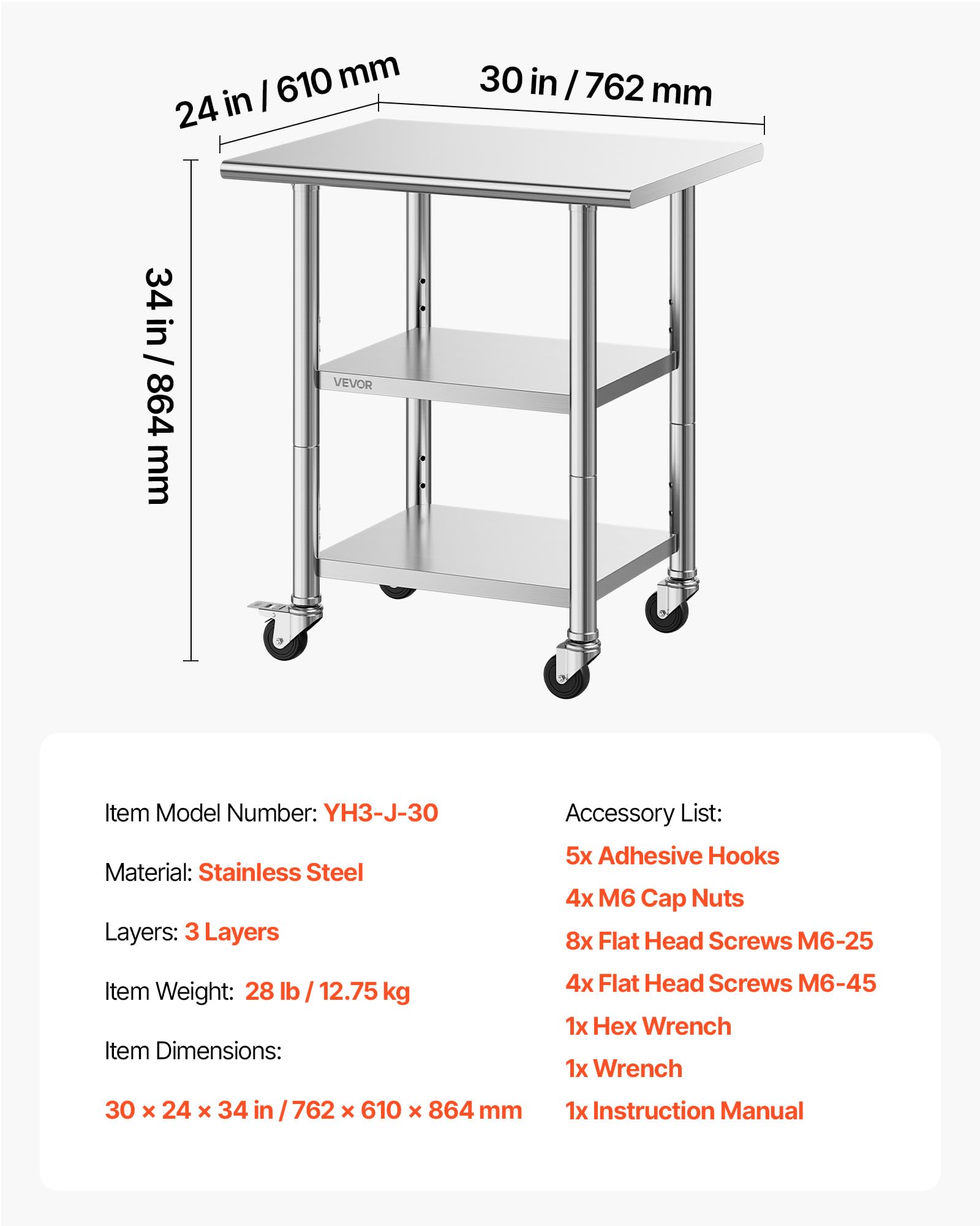 VEVOR Tavolo da Lavoro per Cucina 3 Ripiani, Tavolo per Ristorazione in Acciaio Inox con Ruote 3 Ripiani 762 x 610 x 864 mm Piano di Lavoro Carico max 227 kg, Preparazione Ristorante Hotel Catering