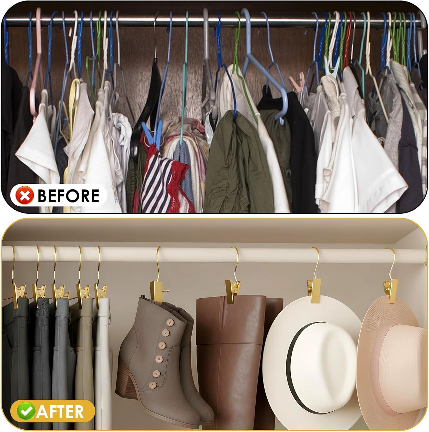 50 Pack Gold Boot Hangers for Closet, Pants Hangers with Clips Portable Travel Hanges Space Saving, Boot Clip Hooks for Hanging Clothes Pins Leggings Hangers Laundry Towels Hat Bra Socks Jean