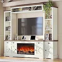 AMERLIFE 98" Farmhouse Entertainment Center with 36" Fireplace, TV Stand for 75" TVs, Wine Cabinet, Bookshelves & Power Outlets - Off-White Barn Door Media Console