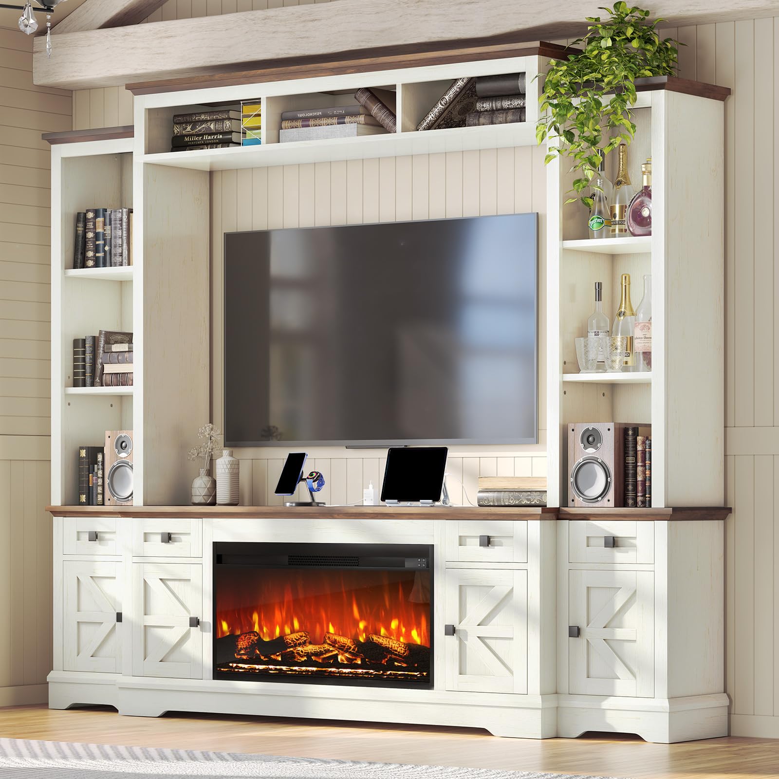 amerlife 98in farmhouse entertainment center with 36" fireplace, tv stand, bookshelf, wine cabinet, fits 75" tvs, wall unit media console with power outlets & barn doors, living room, off-white