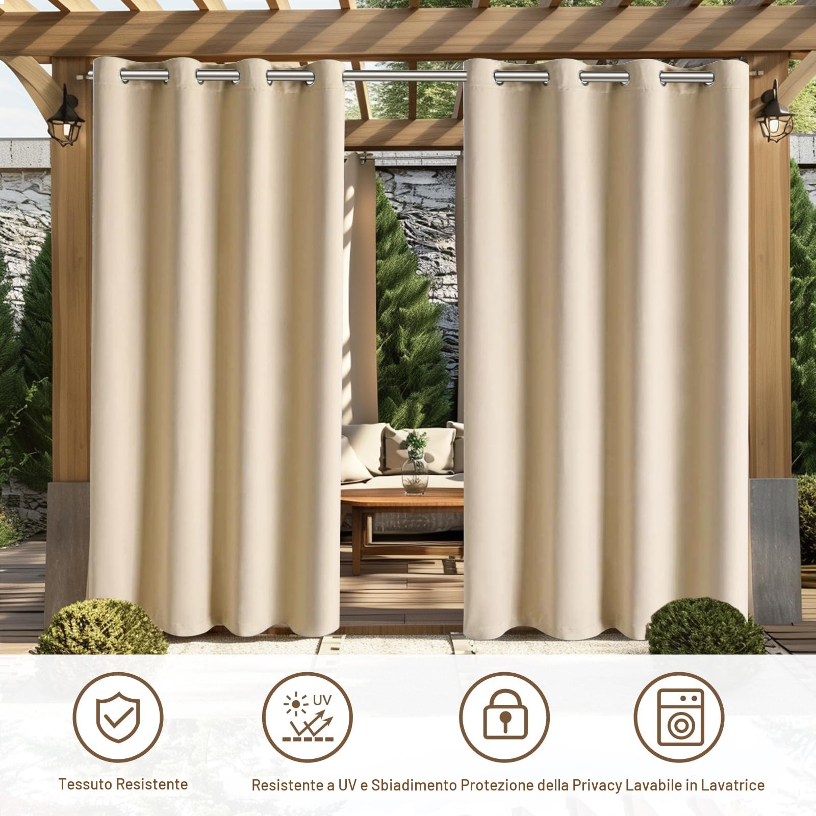Tende da Esterno Impermeabile,2 Pezzi Tende per Esterno con Anelli,Tende per Gazebo Esterno Oscurante,Tende Idrorepellente per Esterni per Balconi,Terrazzo,Veranda,132x215cm,Beige