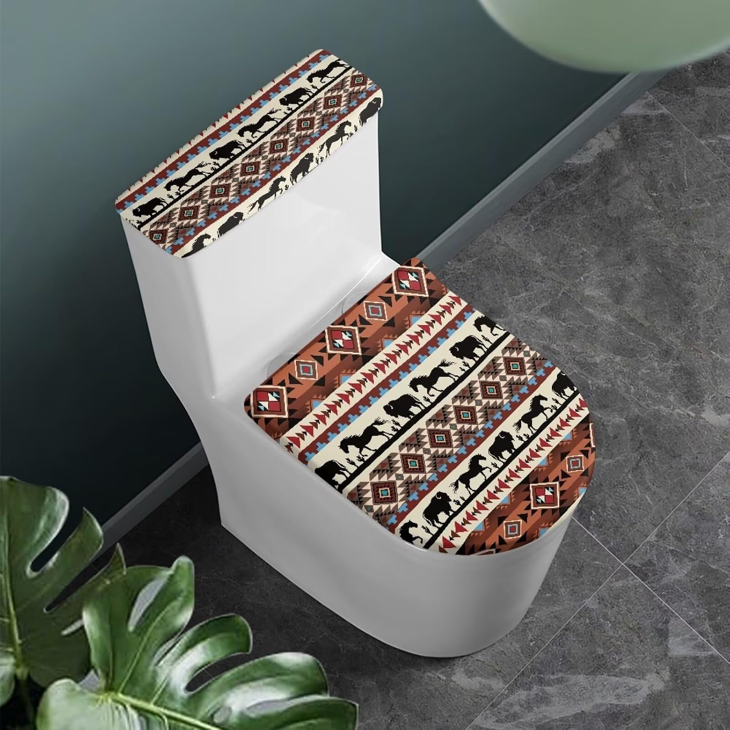 GLENLCWE Aztec Horse Toilet Lid & Tank Cover 2Pcs Set Reusable Bath Seat Covers Bathroom Accessories, Fits Most Round Elongated and Oblong Lids image 2