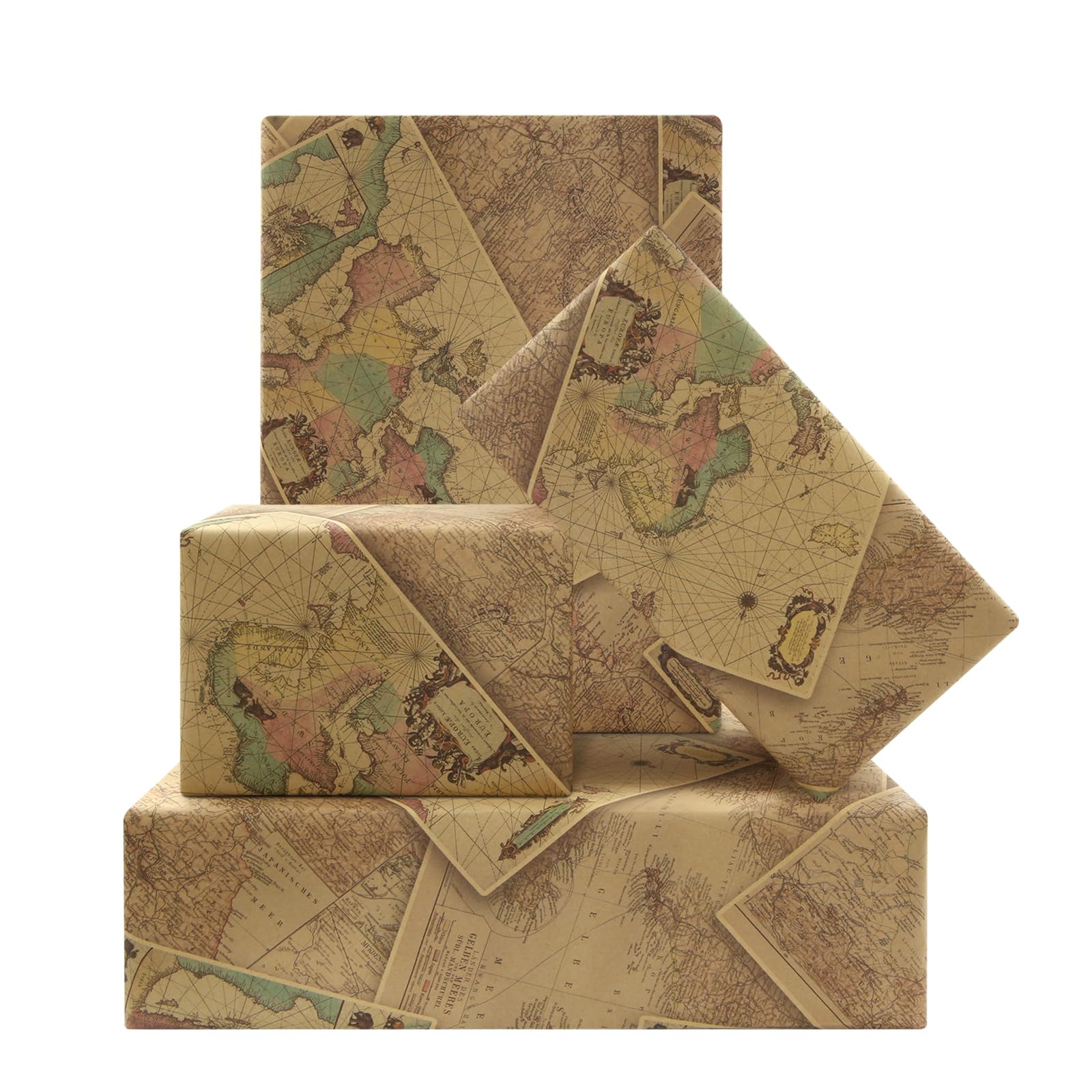 Vintage Wrold Map Wrapping Paper, 4 Sheets Unique Antique Vintage Ancient Retro World Map Kraft Wrapping Paper 50x70cm, Kraft Traveller Gift Wrap Folded Flat for Birthday or Wedding