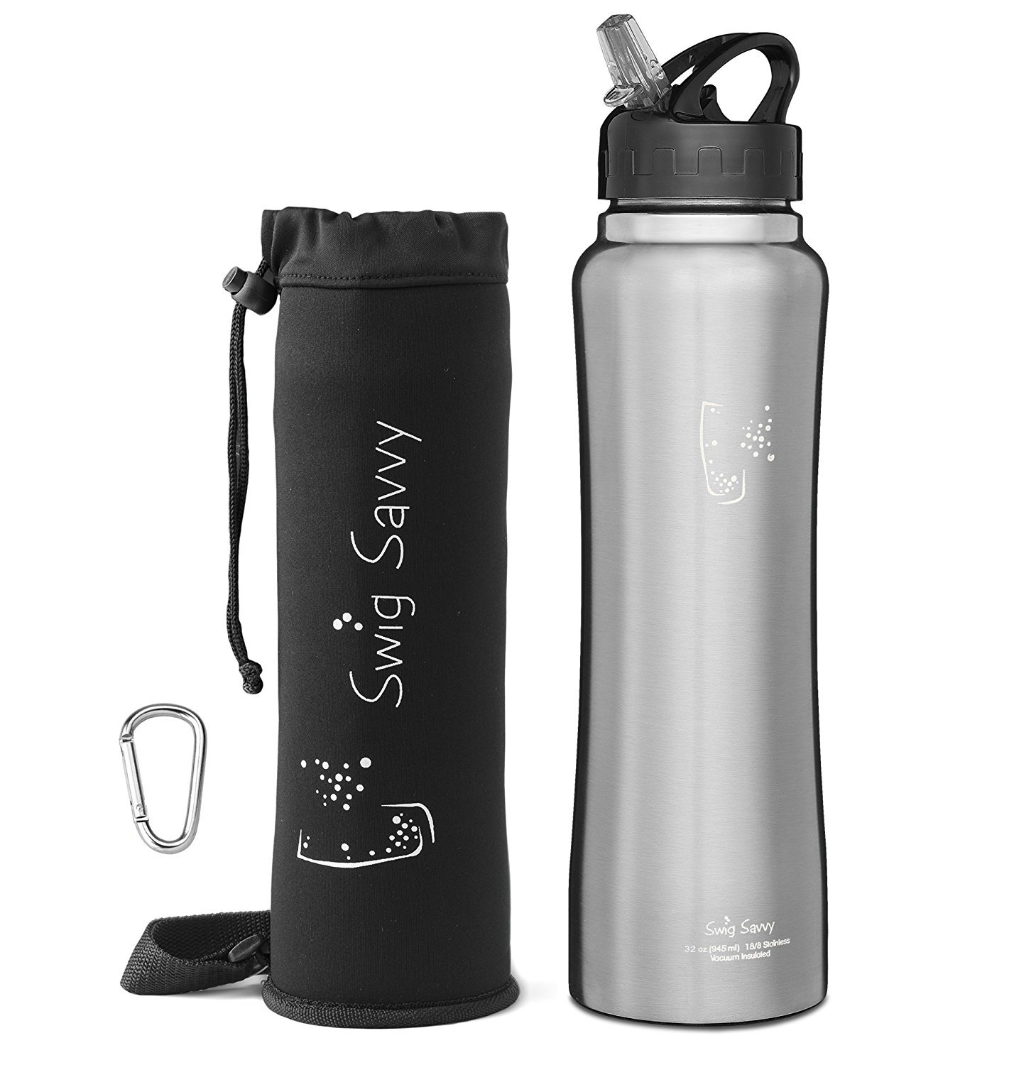 SWIG SAVVY Stainless Steel Insulated Leak Proof Flip Top Straw Cap Water Bottles with Pouch & Clip, Steel, 24oz