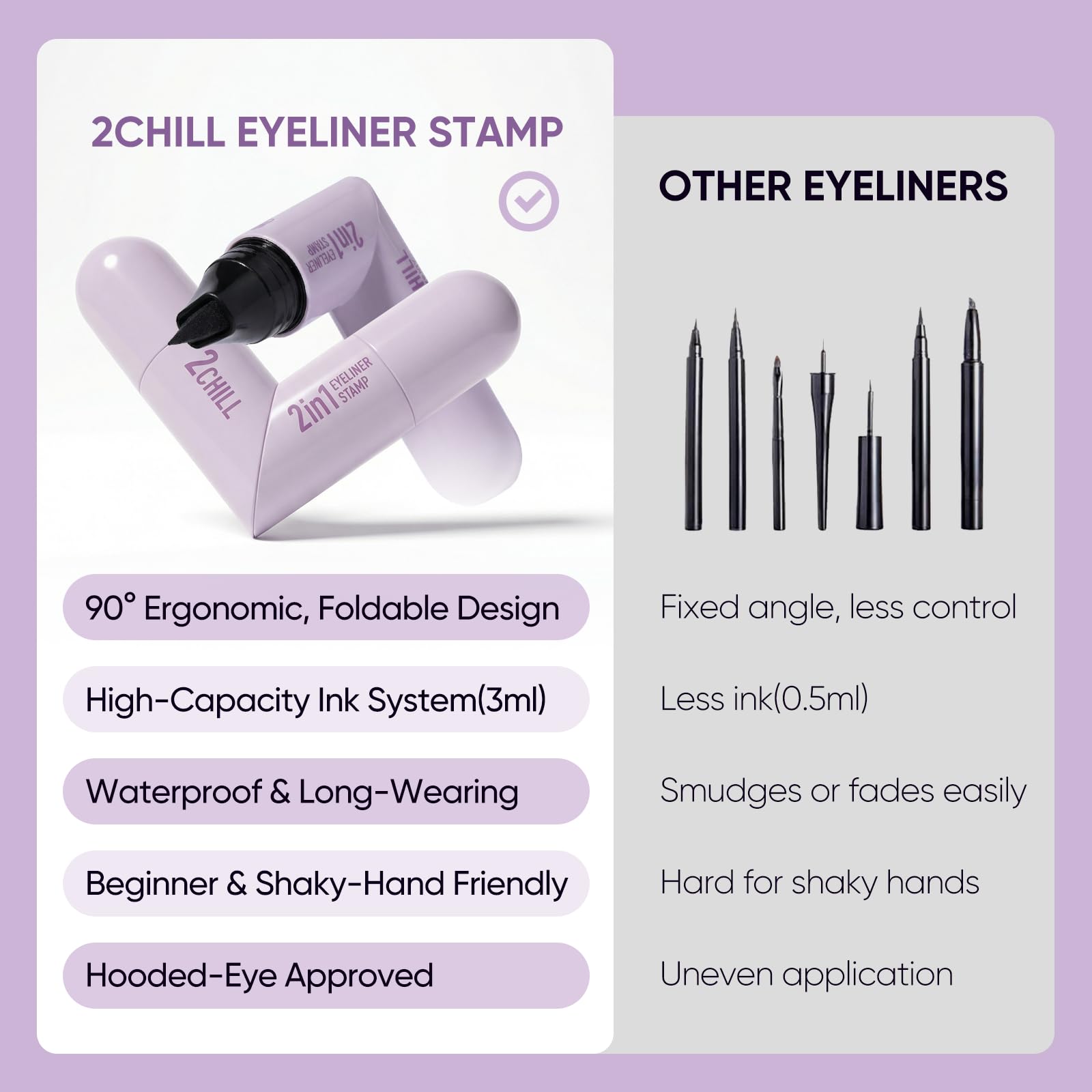 2CHILL 2-Pack de sellos giratorios para eyeliner, resistente al agua y al sudor, de secado rápido, de larga duración, acabado mate, maquillaje de ojos fácil para principiantes, cosmética (negro + — view 4