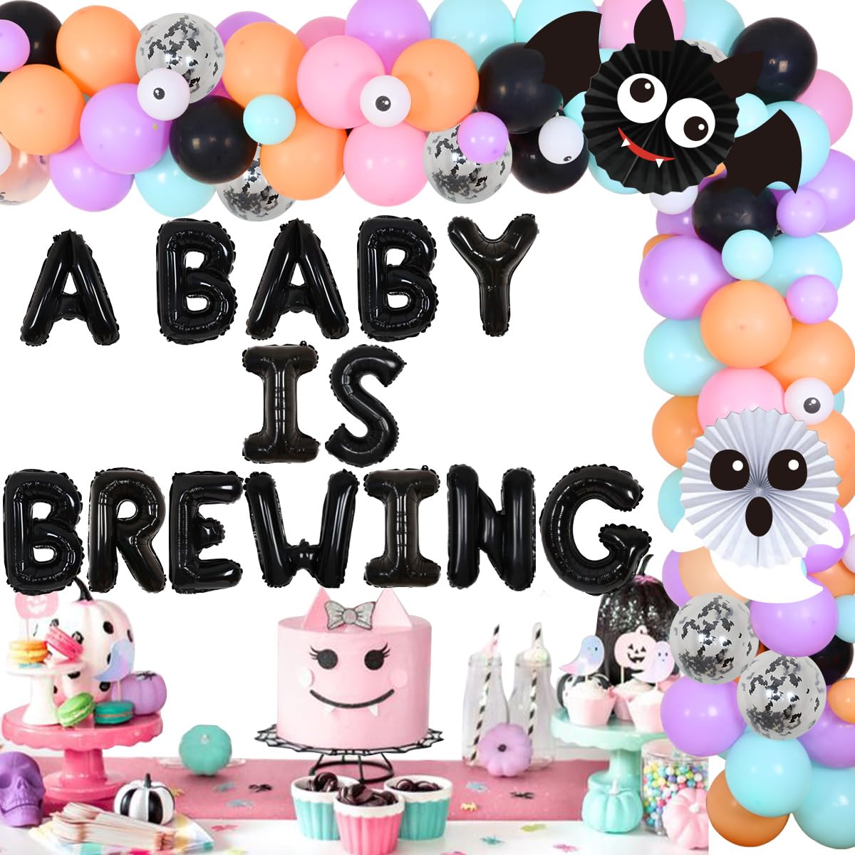 JOYMEMO Halloween Baby Shower Decorations for Girls - Pastel Balloon Garland Arch Kit with A Baby is Brewing Foil Balloons, Ghost Bat Paper Fans, Pregnancy Announcement Gender Reveal Party Supplies