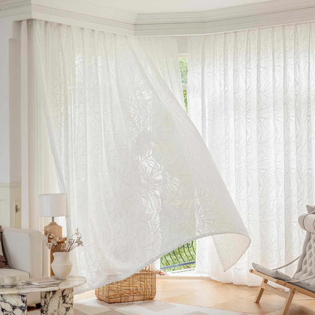 John Aird Eden Leaf Flock Motif - Slot Top Voile Curtain Panel – Elegant Light Filtering Sheer Window Curtain (White, 52" Wide x 54" Drop)