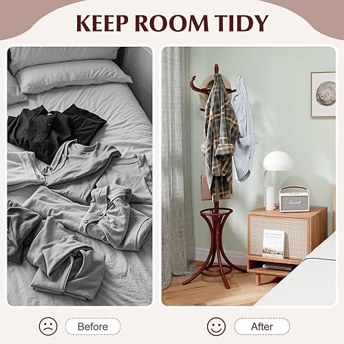 Miniatura 8 de GOFLAME 73" Coat Rack Freestanding, Wooden Coat Tree with 12 Hooks and Umbrella Stand, Entryway Hall Tree, Hat Hanger Organizer, Coat Rack Stand for