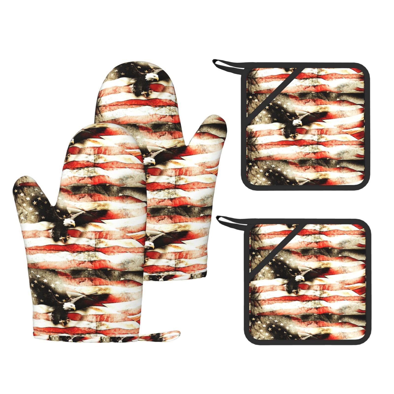 Bald Eagle Flag Veterans Printed Potholder and Oven Mitt Set of 4, High Heat Resistant Cooking Gloves for BBQ Grilling