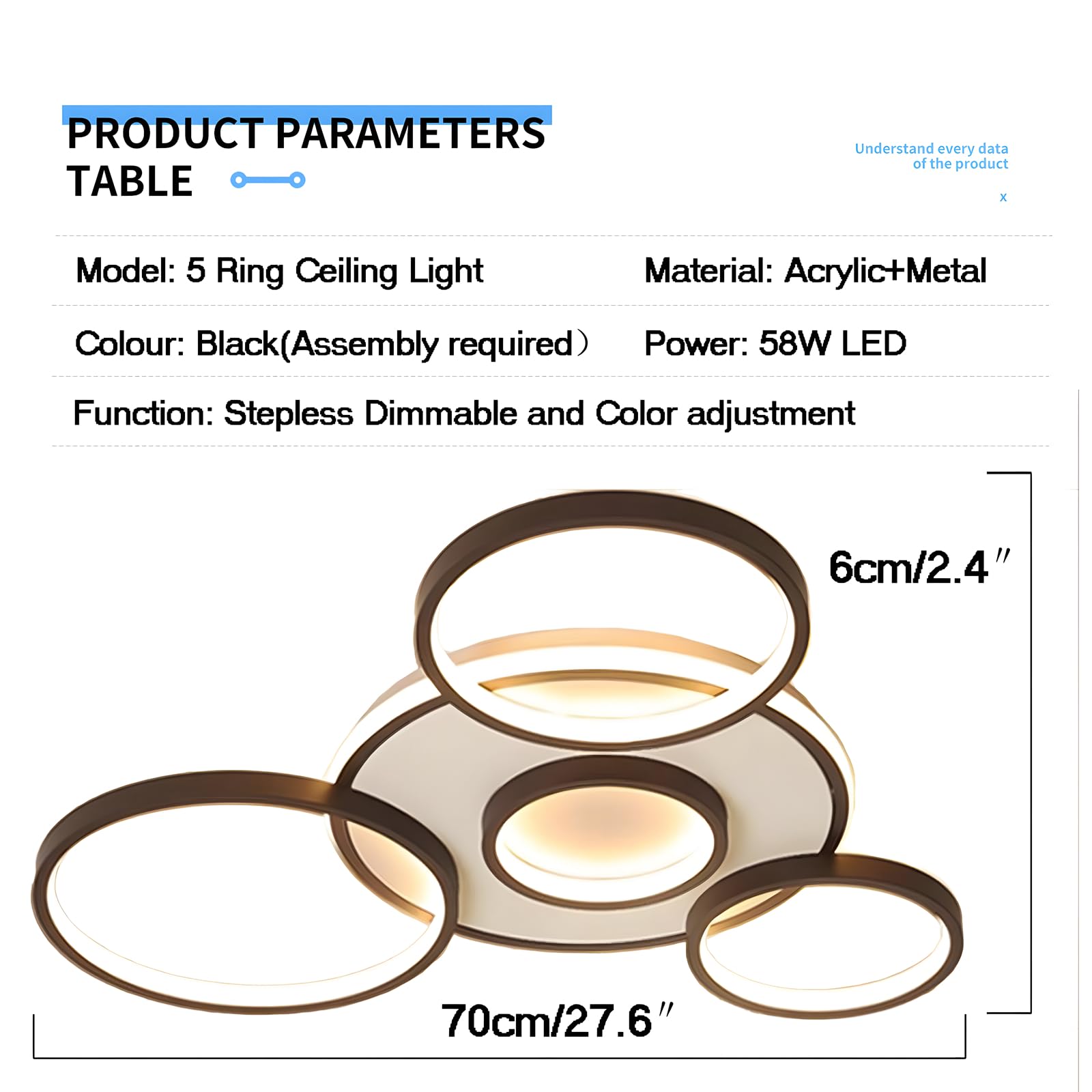 LED Plafoniera Moderna, Ø70cm Lampada Multi Cerchio Nera, 58W Dimmerabile Continuo 3000-6000K, Lampadario Rotondo In Metallo + Acrilico, Camera Letto Soggiorno Bambini Ufficio Studio(5 Anelli)