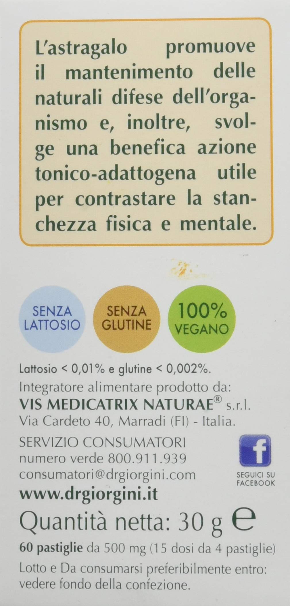 Dr Giorgini Integratore Alimentare, Monocomponenti Erbe Astragalo Estratto Titolato al 70% in Polisaccaridi Pastiglie - 30 g