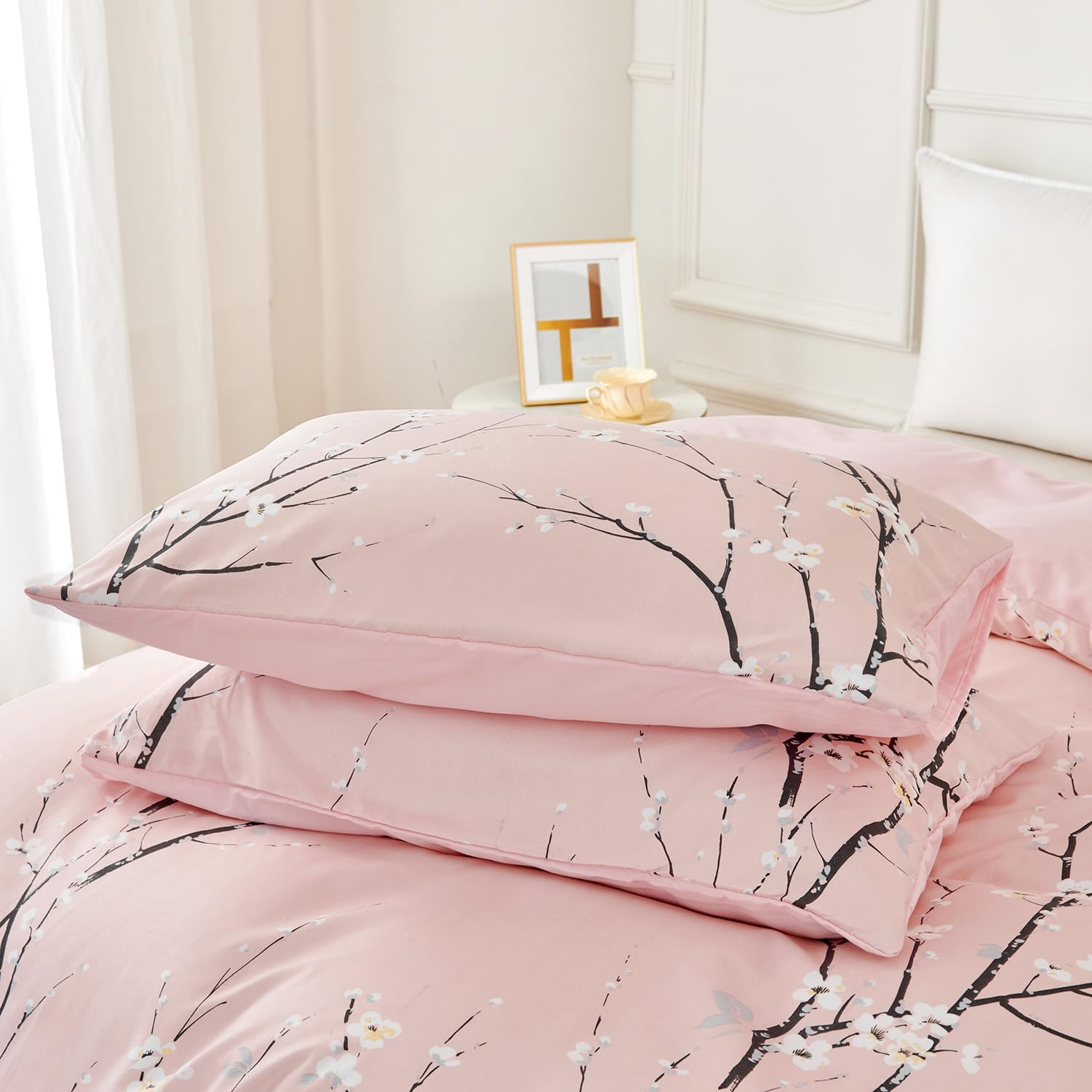 Juego de Funda Nordica Floral Cama 135/150 Patrón de Flores y Ramas Funda Edredon 220x240 cm y 2 x Fundas de Almohada de 50x75 cm Fundas Nórdicas Floral Suave 100% Microfibra, Rosa