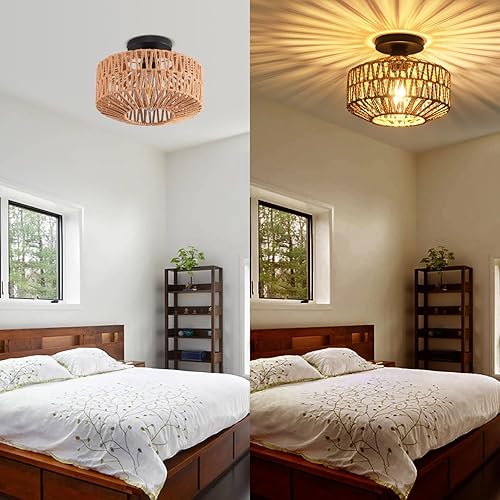 Miniatura 8 de Lámpara de techo, lámpara de techo de ratán tejida a mano, montaje empotrado, lámpara de granja, soporte de techo bohemio para pasillo, dormitorio,