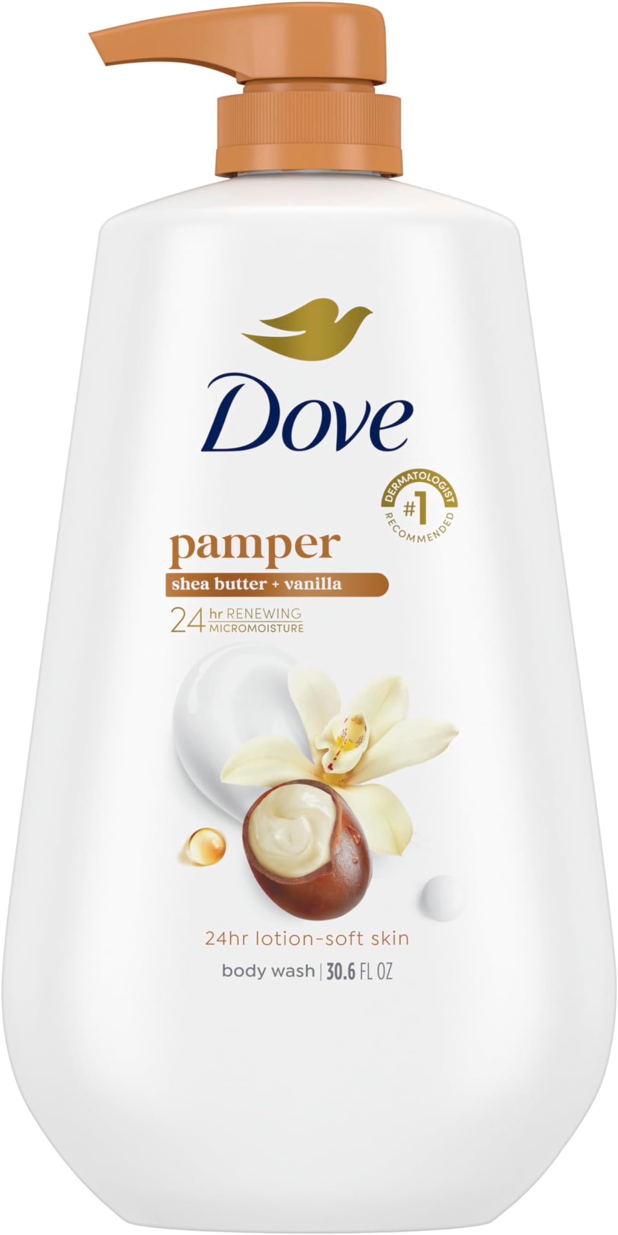 Dove Body Wash with Pump Pamper Shea Butter & Vanilla for 24hr Lotion-Soft Skin Moisturizing Skin Cleanser with No Sulfates No Parabens 30.6 oz